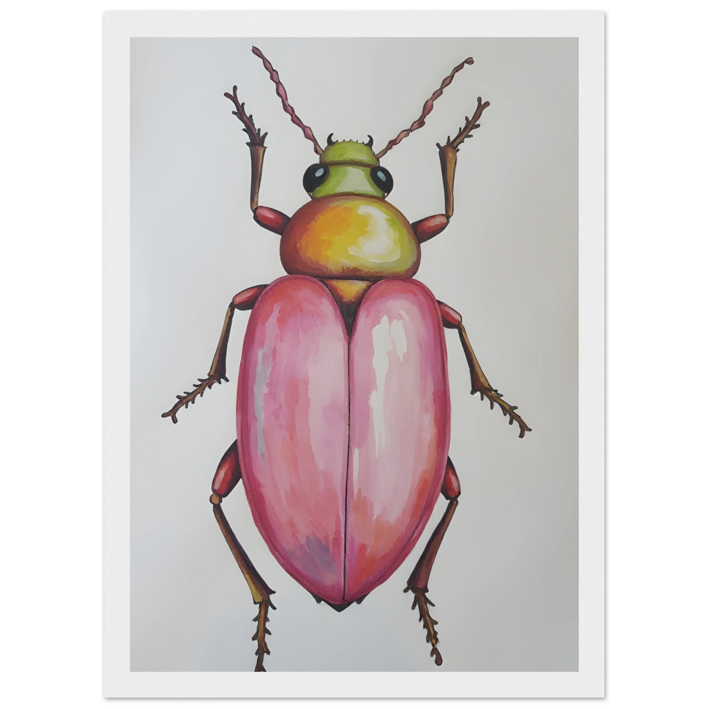 4pm whimsical pink green beetle art print for modern spaces available in three sizes and frame finishes art print in a Black frame size 21x29.7 cm / 8x12" affordable wall art by Art Aunty NZ