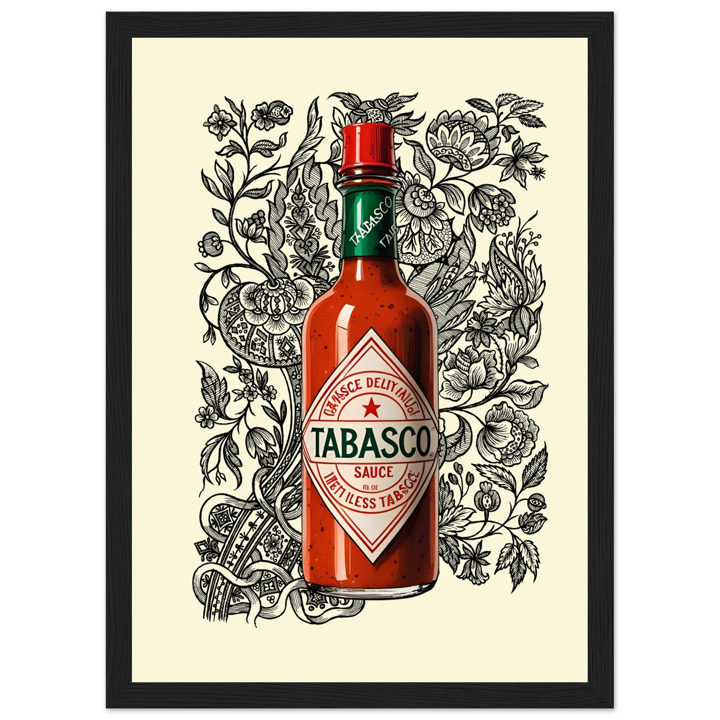 Tabasco sauce pop art bold spicy wall art by anya trut choose your size frame art print in a White frame size A2 (42 x 59.4  cm) affordable wall art by Art Aunty NZ