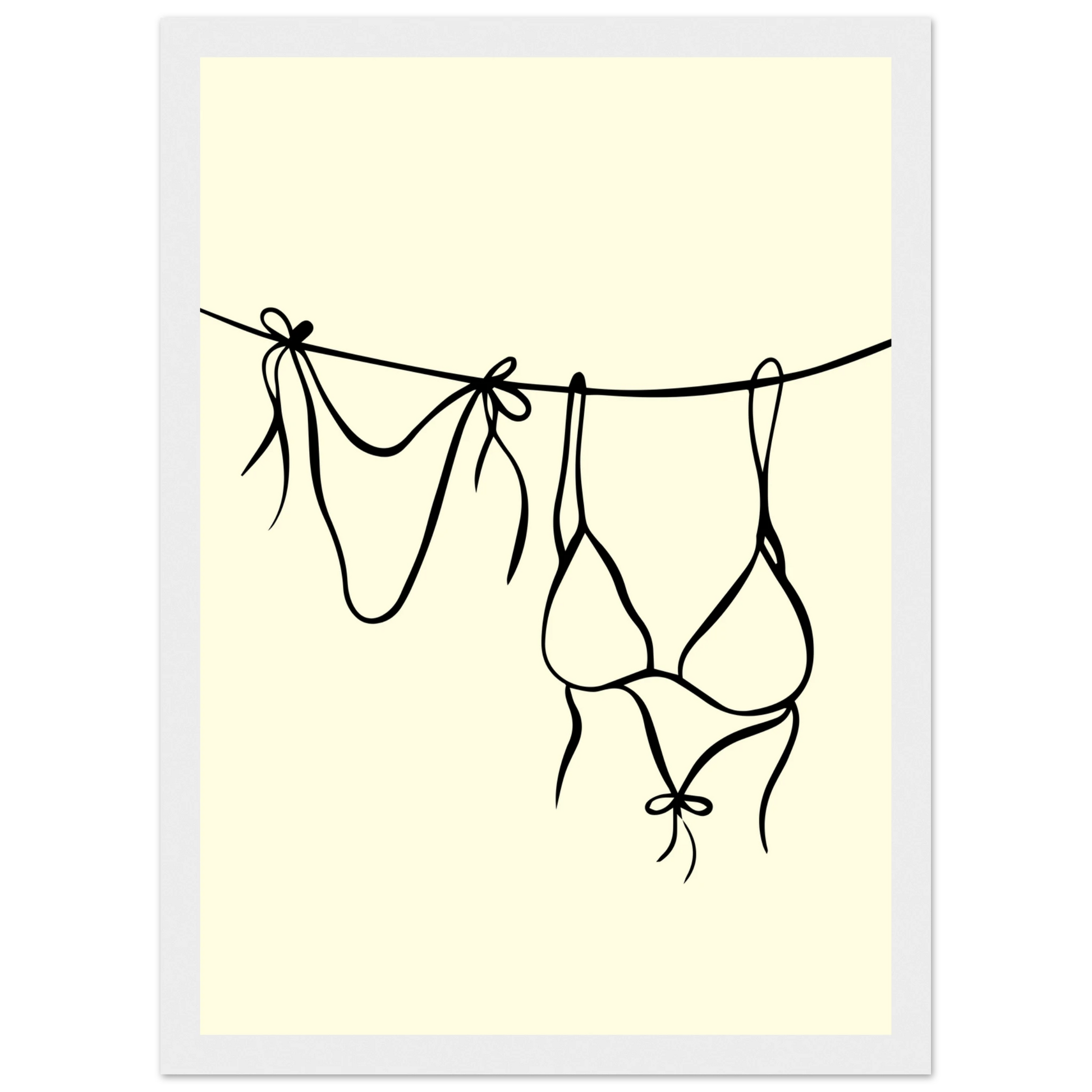 Bikini line art print minimalist swimwear wall art by anya trut available in multiple sizes and frame styles art print in a Wood frame size A1 (59.4 x 84.1  cm) affordable wall art by Art Aunty NZ