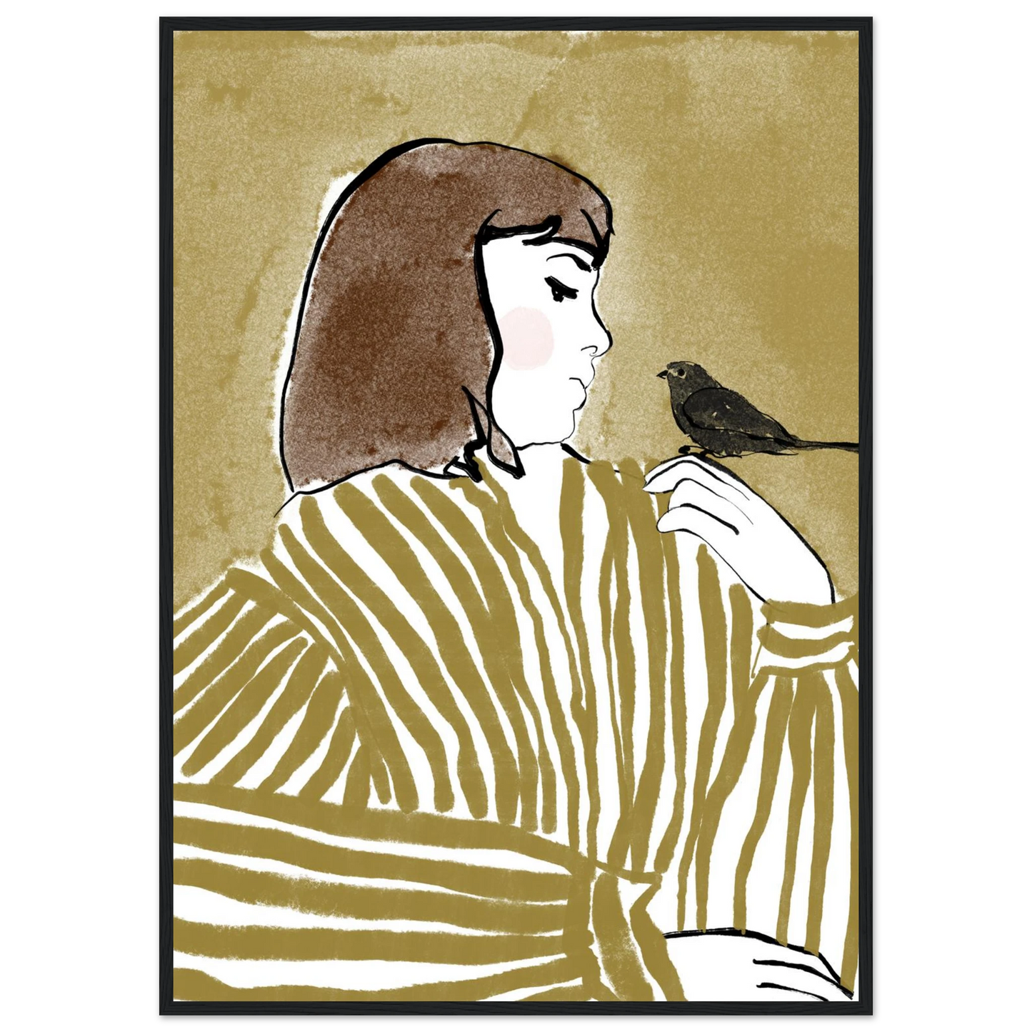 Whispering bird elegant profile art print by ioana horvat custom sizes frames art print in a Wood frame size A2 (42 x 59.4  cm) affordable wall art by Art Aunty NZ