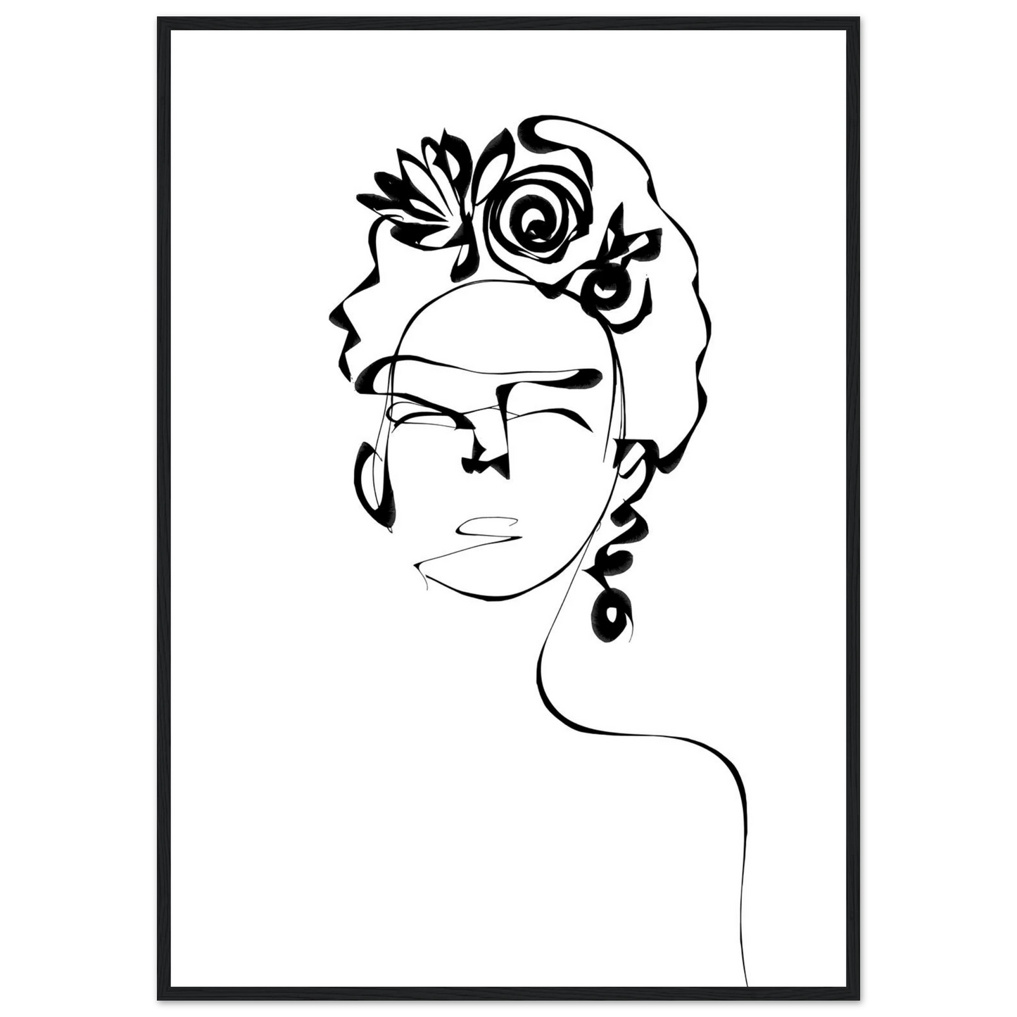 Minimalist frida kahlo inspired line art poster abstract floral portrait print in your choice of size and frame art print in a Wood frame size A2 (42 x 59.4  cm) affordable wall art by Art Aunty NZ