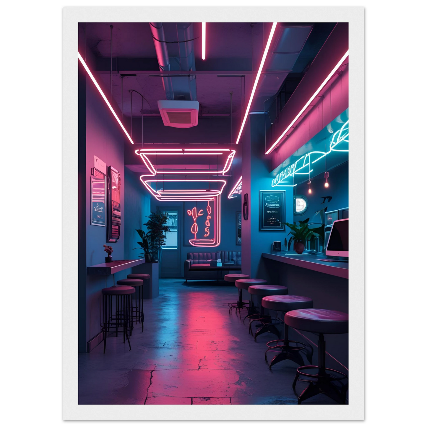Neon dreams retro cafe art print by anya trut choose your size frame for a cyberpunk vibe art print in a Wood frame size A1 (59.4 x 84.1  cm) affordable wall art by Art Aunty NZ