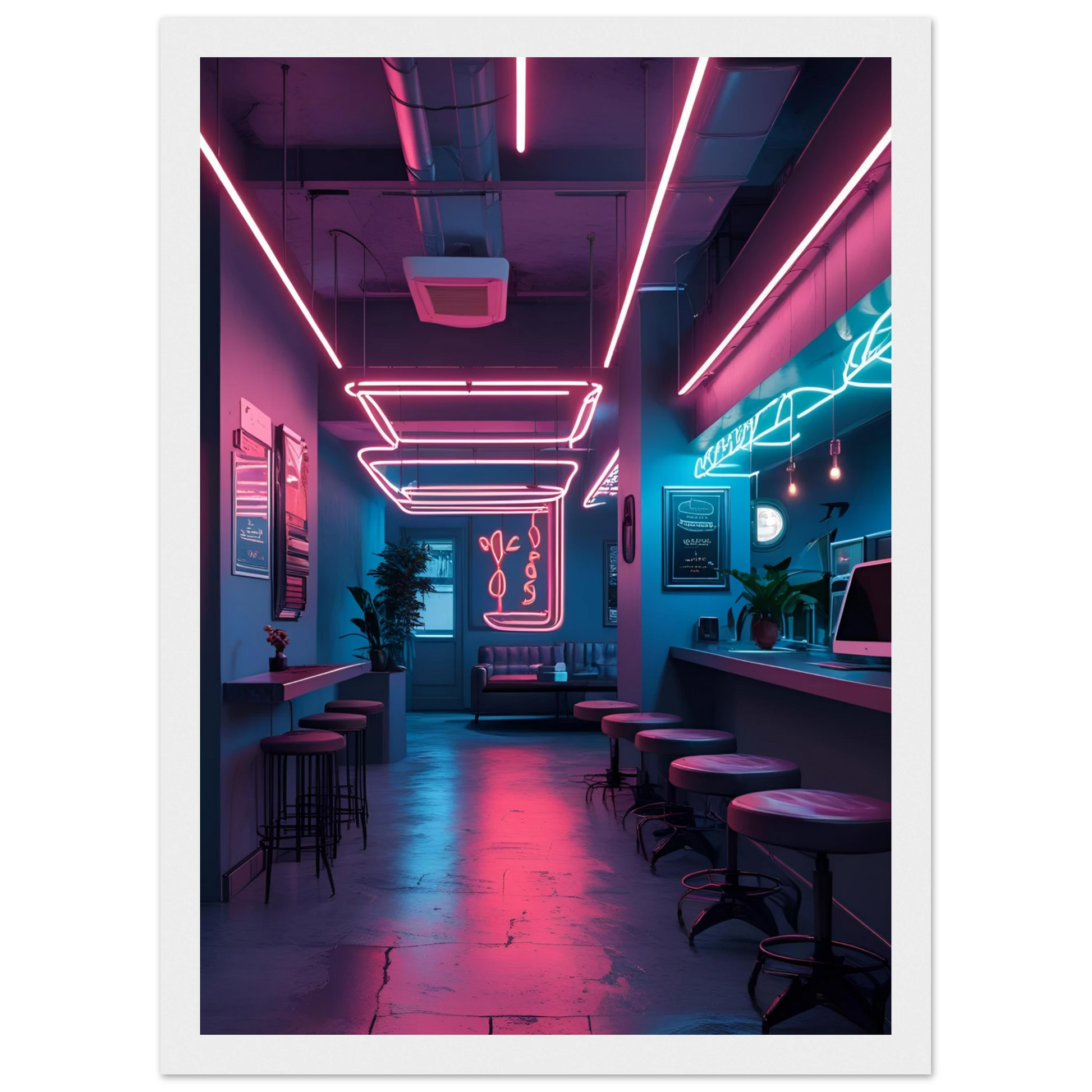 Neon dreams retro cafe art print by anya trut choose your size frame for a cyberpunk vibe art print in a Wood frame size A1 (59.4 x 84.1  cm) affordable wall art by Art Aunty NZ