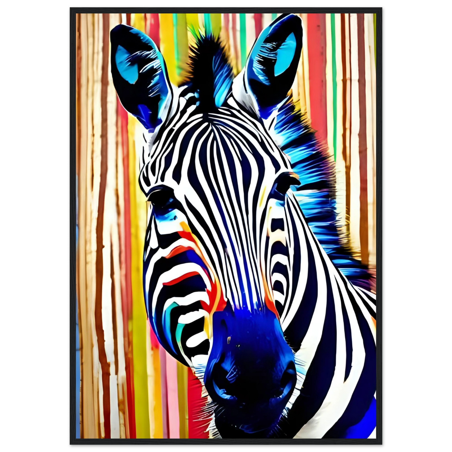 Abstract neon zebra art print electric stripes by anya trut in your choice of size and frame art print in a Black frame size A2 (42 x 59.4  cm) affordable wall art by Art Aunty NZ