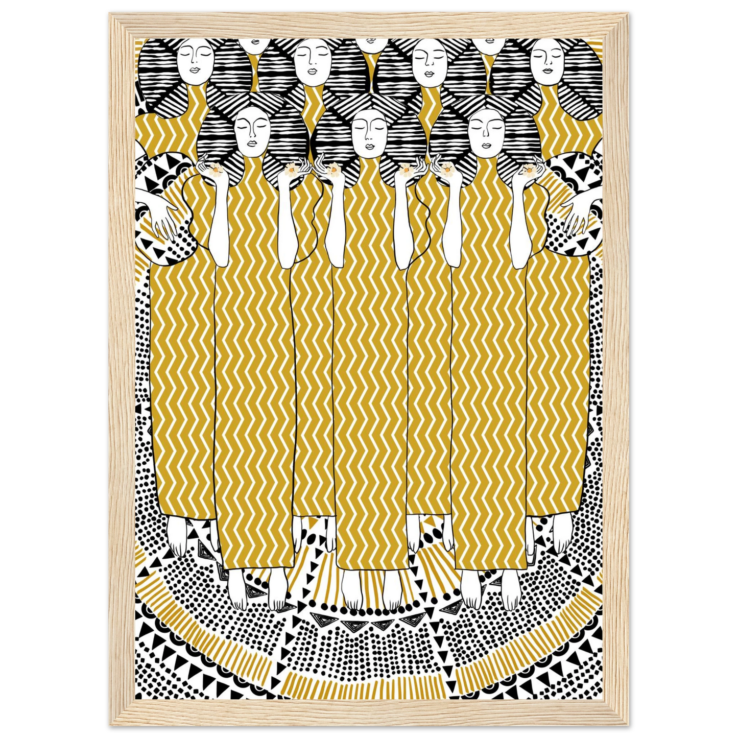 Golden women art print bohemian serenity with geometric patterns your choice of size frame art print in a Black frame size A2 (42 x 59.4  cm) affordable wall art by Art Aunty NZ