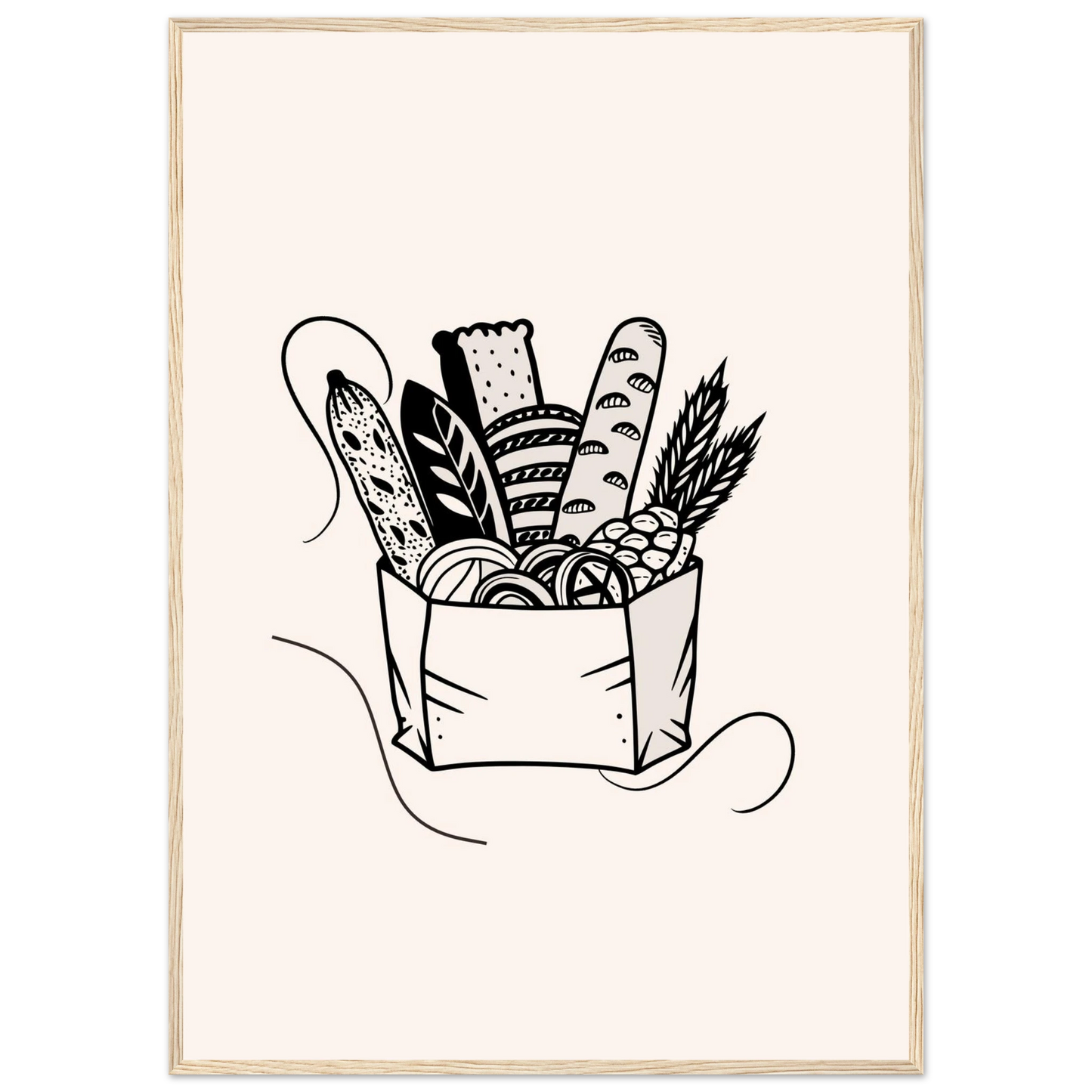 Morning bread art print in a Wood frame size A1 (59.4 x 84.1  cm) affordable wall art by Art Aunty NZ