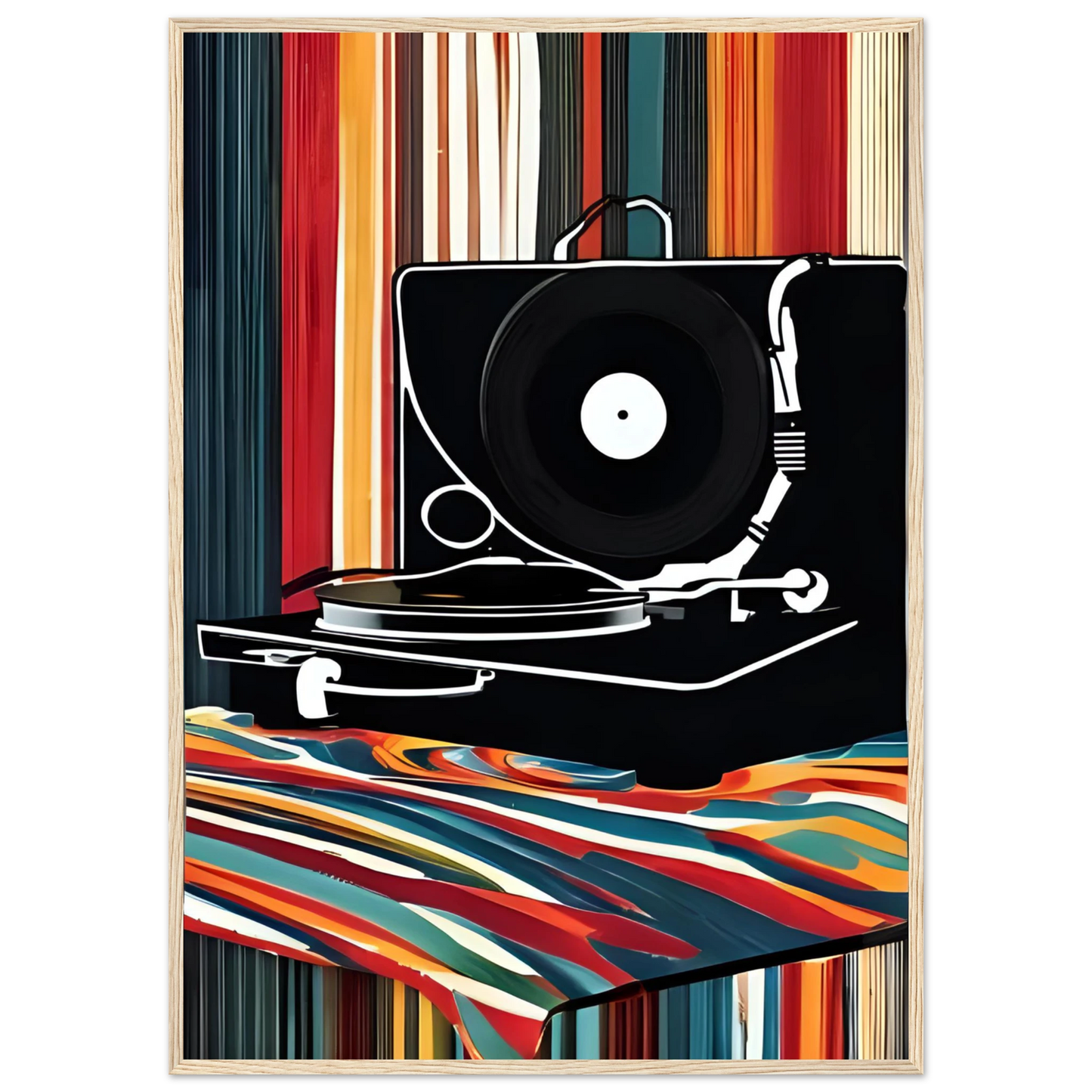 Retro groove record player framed poster vibrant pop art for your home multiple sizes frames art print in a Black frame size A1 (59.4 x 84.1  cm) affordable wall art by Art Aunty NZ