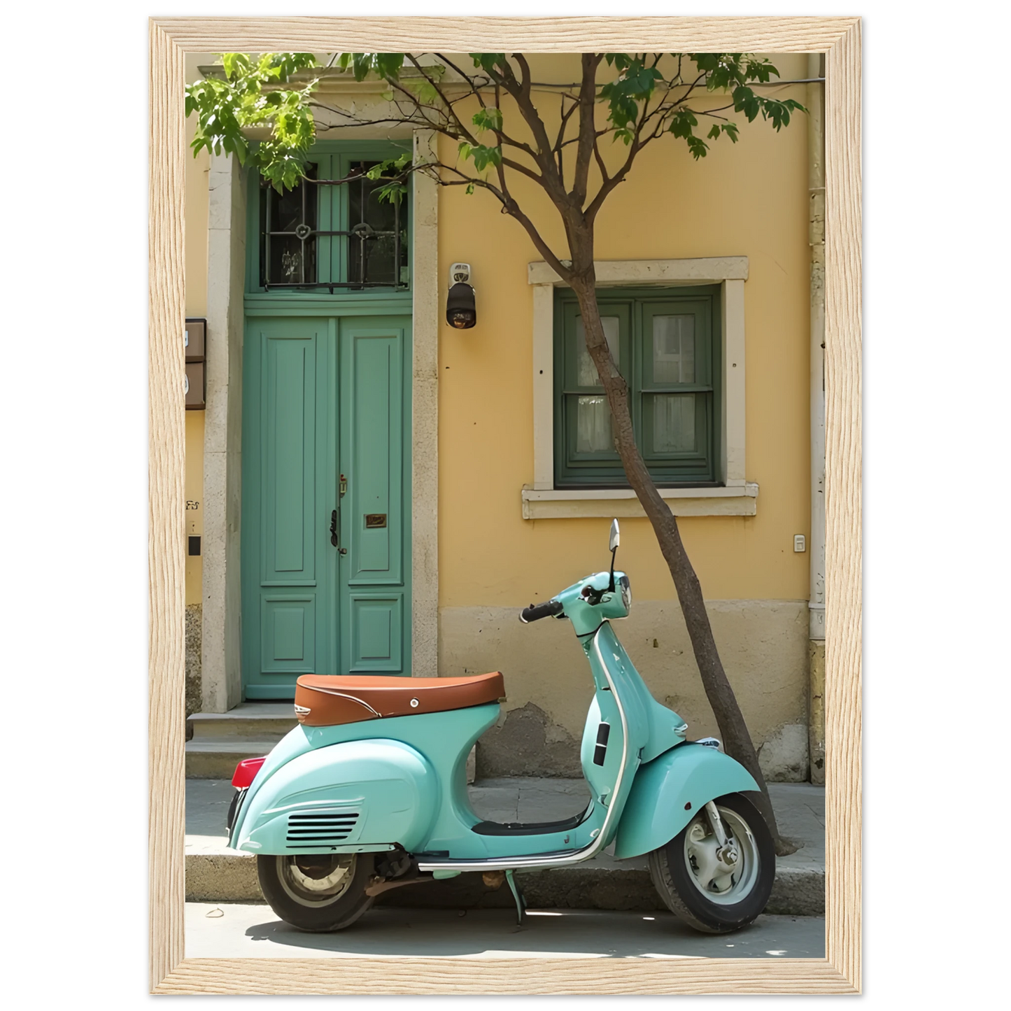 Retro teal vespa street scene art print by anya trut choose your size frame art print in a Black frame size 21x29.7 cm / 8x12" affordable wall art by Art Aunty NZ