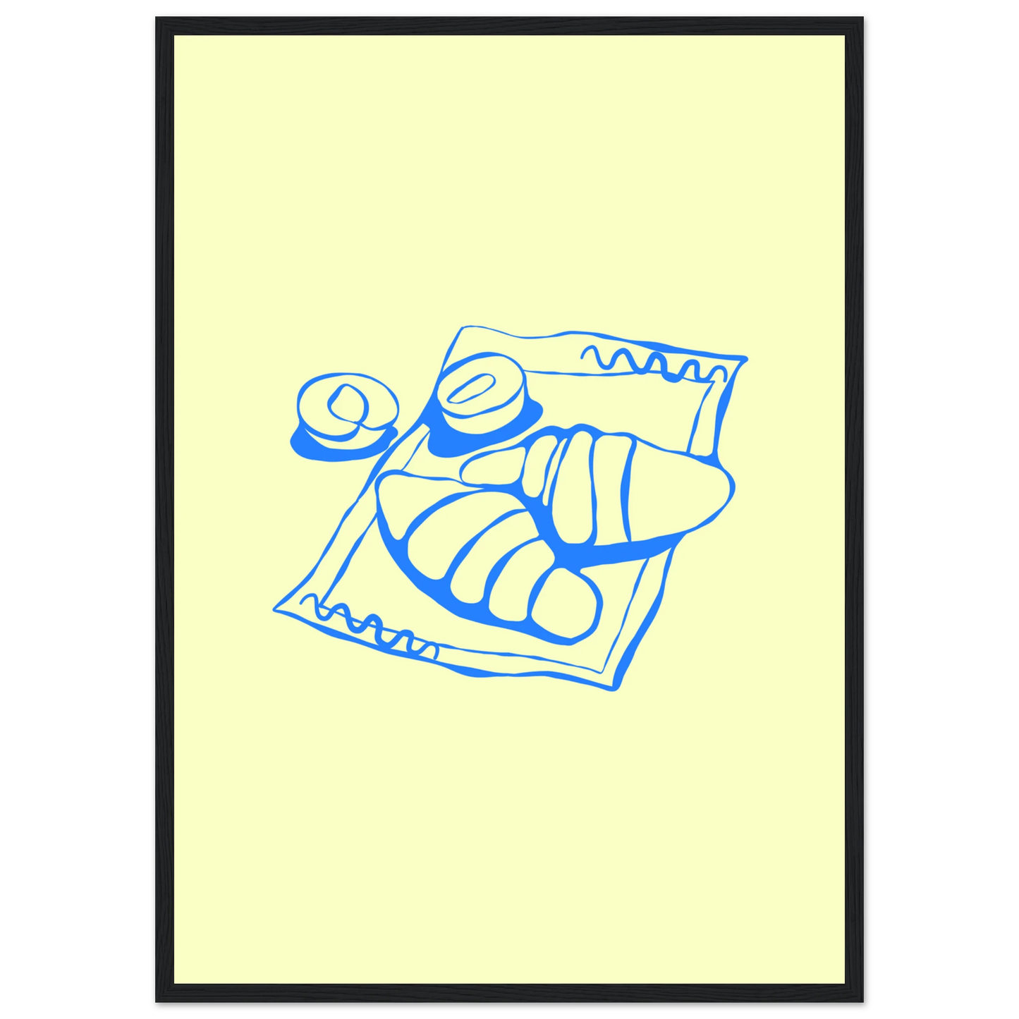 Minimalist blue croissant art print charming breakfast illustration in your choice of frame size art print in a Wood frame size 21x29.7 cm / 8x12" affordable wall art by Art Aunty NZ