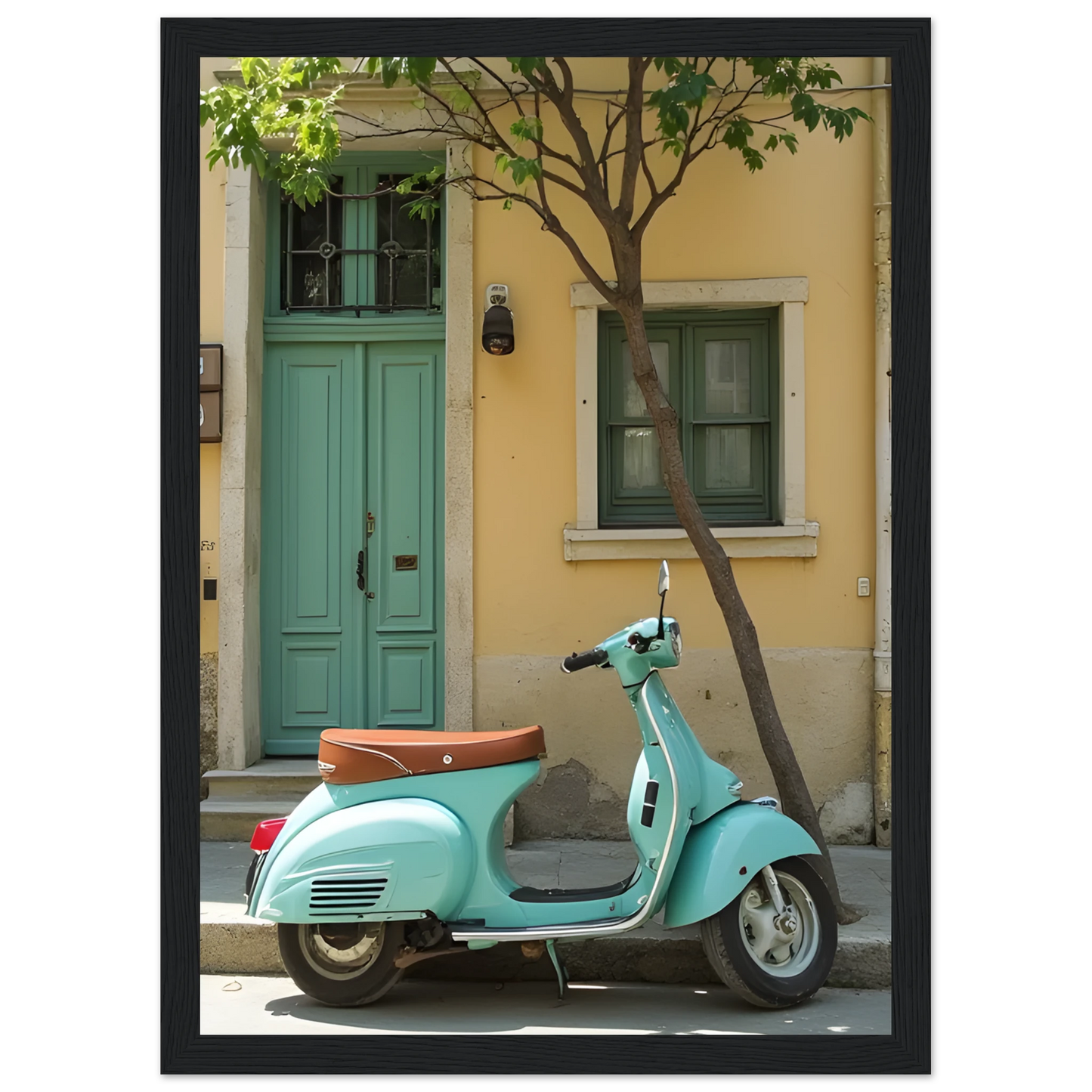 Retro teal vespa street scene art print by anya trut choose your size frame art print in a White frame size A2 (42 x 59.4  cm) affordable wall art by Art Aunty NZ