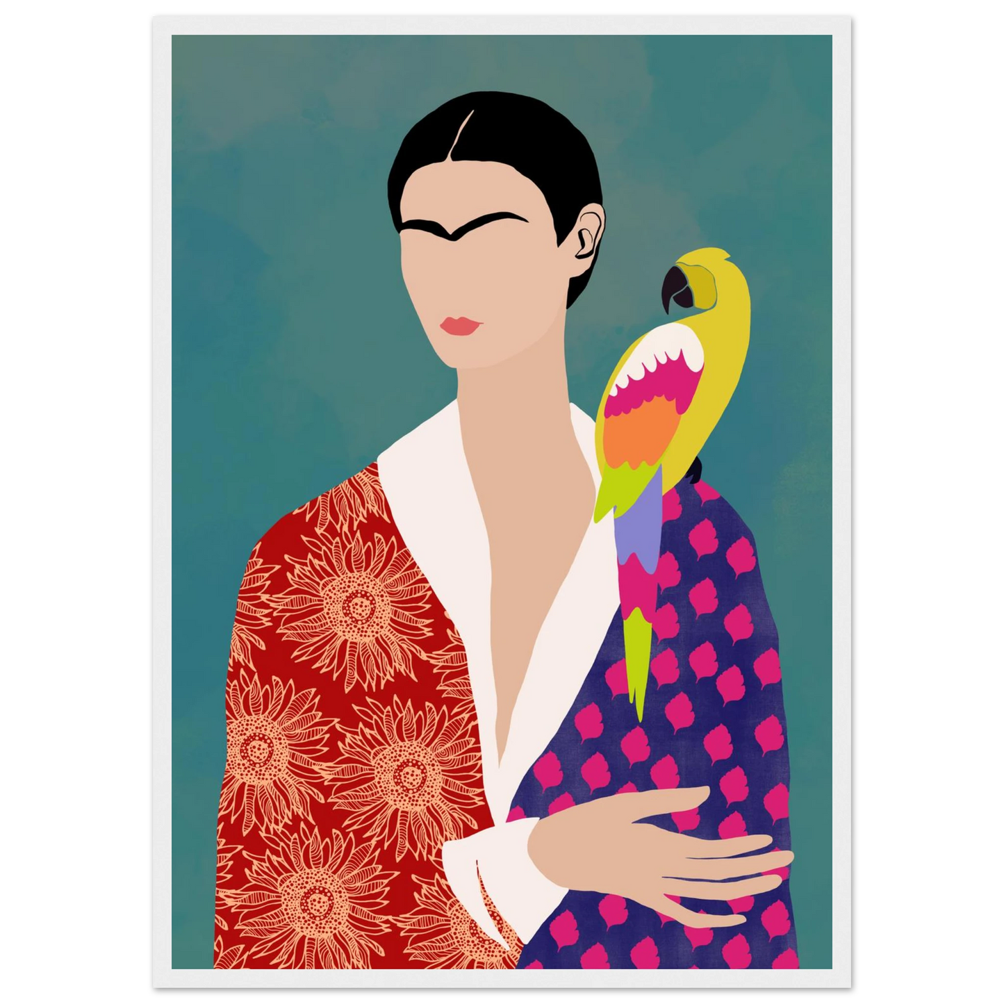 Fridas parrot bold abstract portrait art print in various sizes frames art print in a Black frame size 21x29.7 cm / 8x12" affordable wall art by Art Aunty NZ