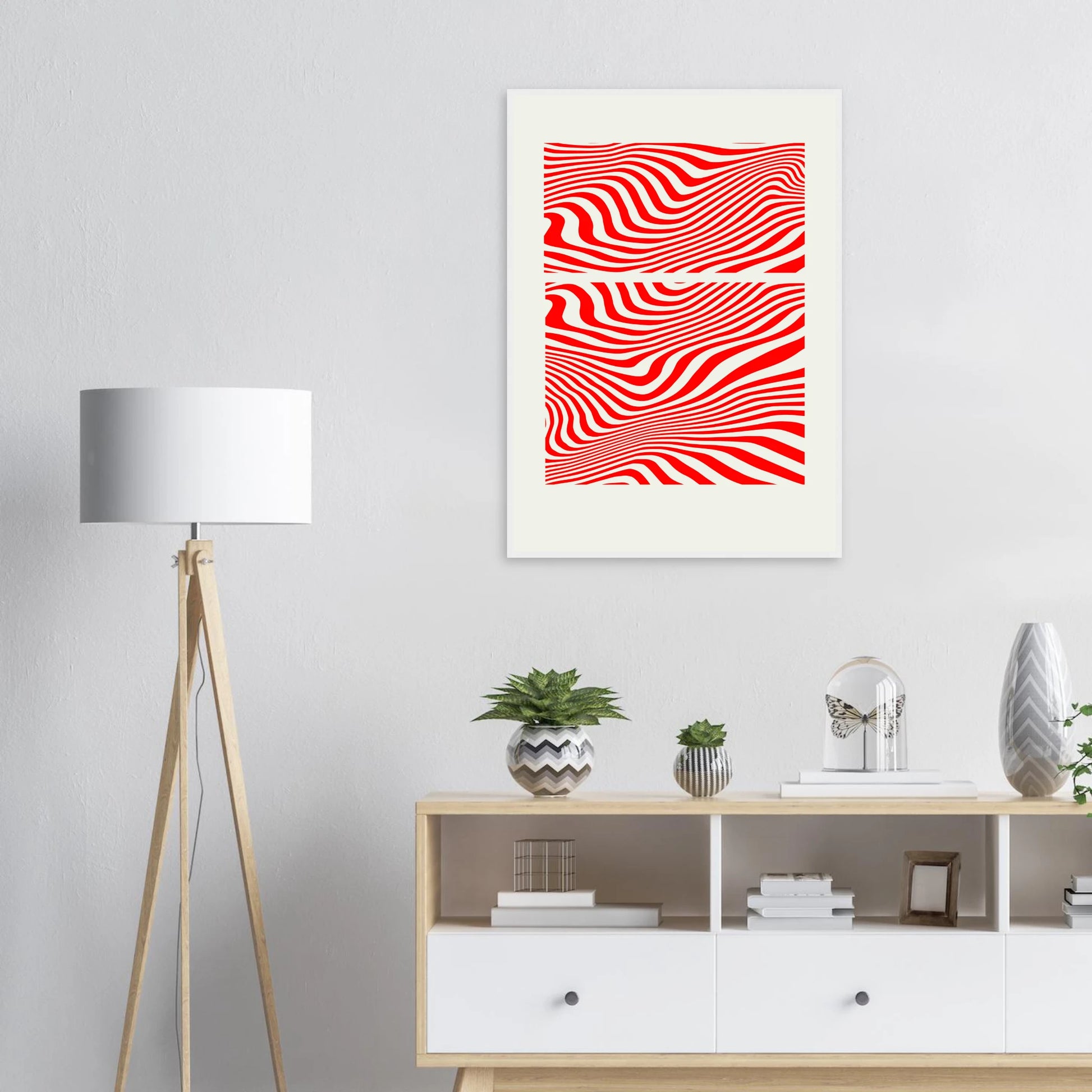 Psychedelic red white waves abstract print hypnotic rhythm framed poster in multiple sizes frame colors art print in a  size  affordable wall art by Art Aunty NZ