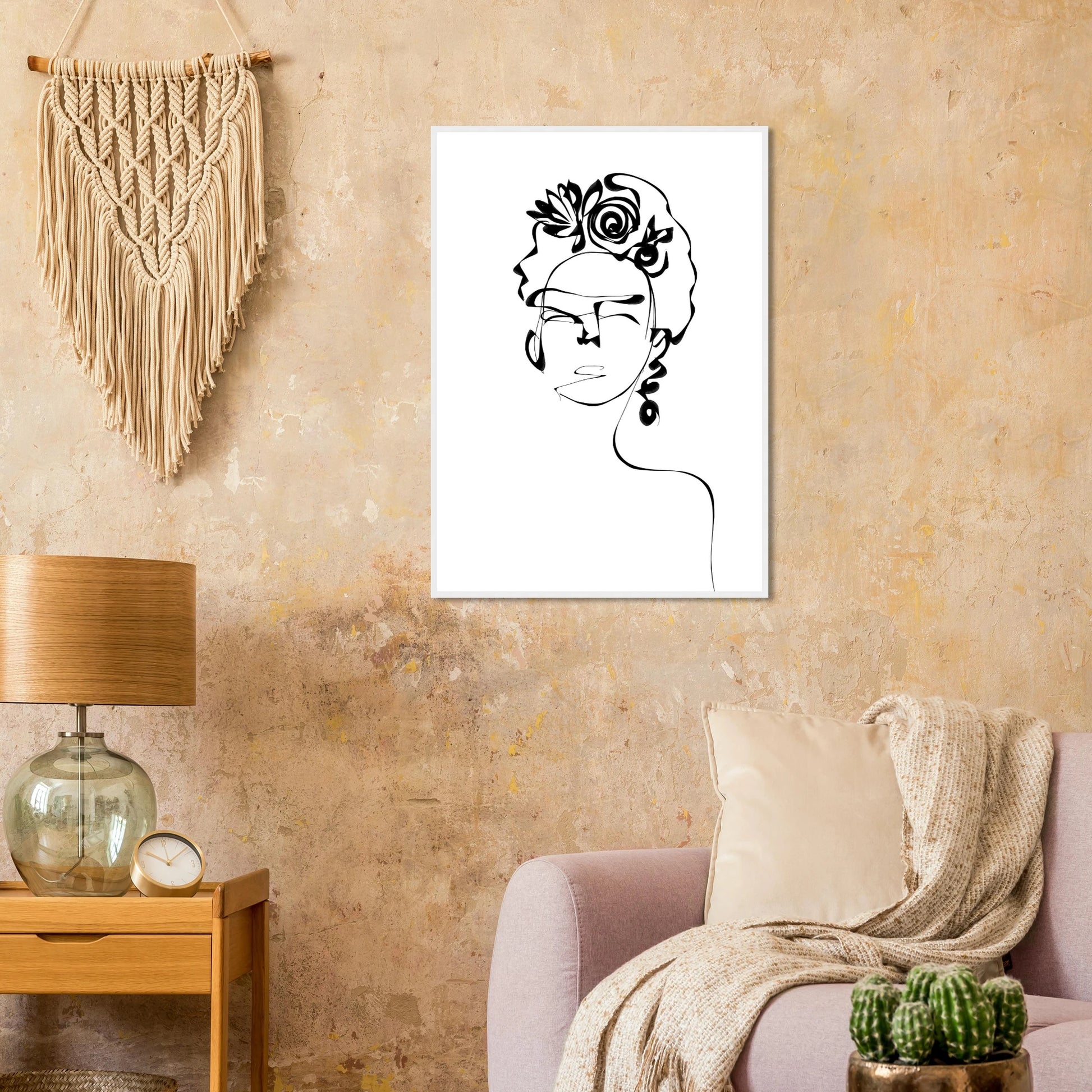 Minimalist frida kahlo inspired line art poster abstract floral portrait print in your choice of size and frame art print in a  size  affordable wall art by Art Aunty NZ