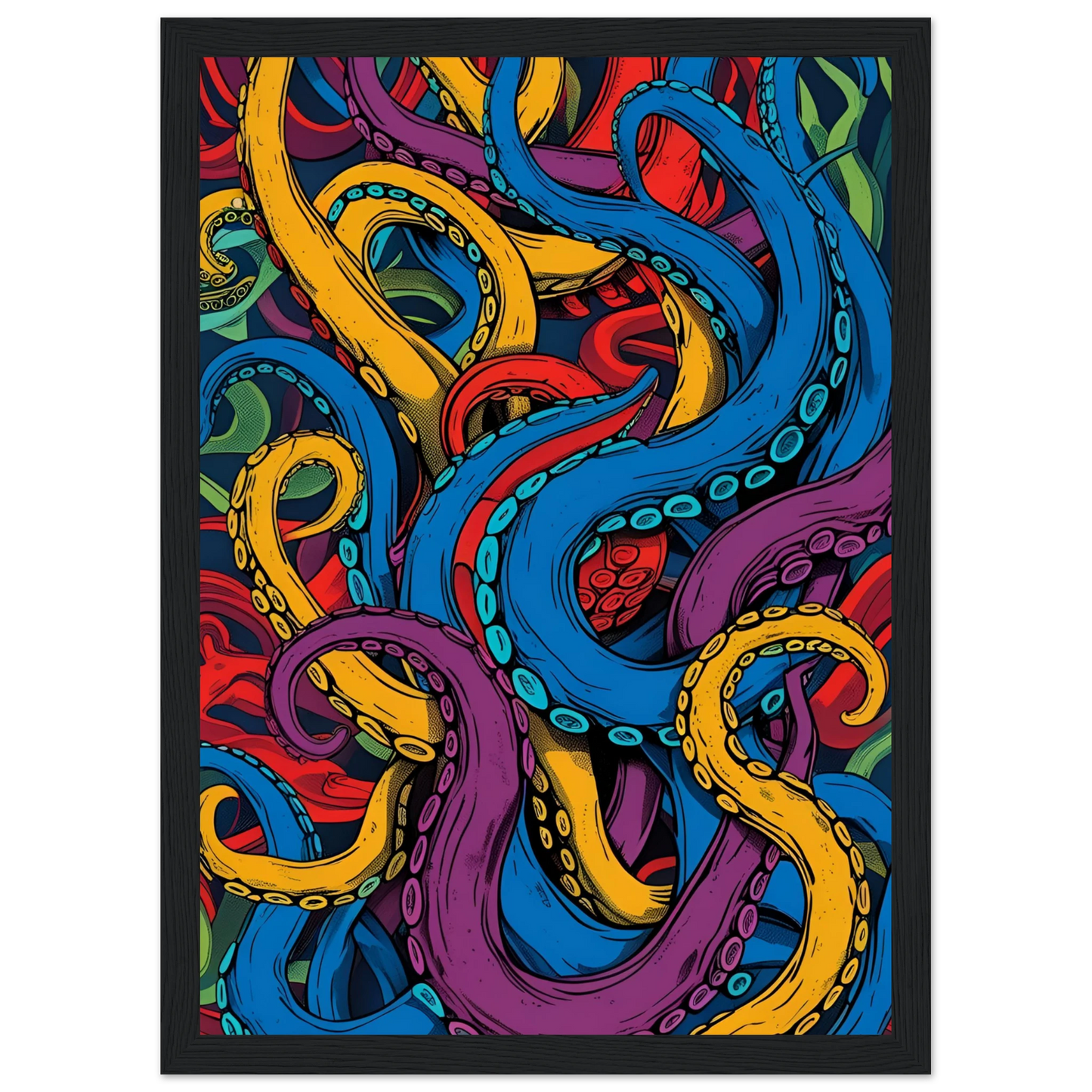 Vibrant tentacles abstract art print dynamic ocean inspired wall decor in your choice of size frame art print in a White frame size A2 (42 x 59.4  cm) affordable wall art by Art Aunty NZ
