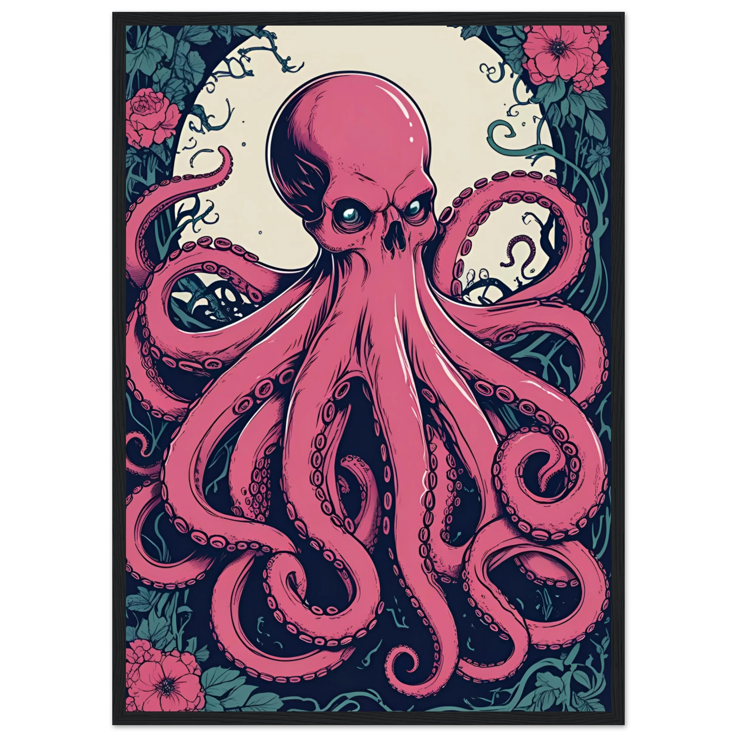 Skulltopus vibrant pink octopus skull botanical art print choose your size frame art print in a Wood frame size 21x29.7 cm / 8x12" affordable wall art by Art Aunty NZ