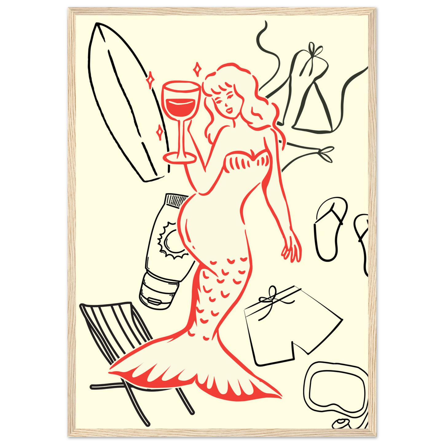 Summer mermaid wall art print beach vibes relaxation in your choice of size frame art print in a White frame size A1 (59.4 x 84.1  cm) affordable wall art by Art Aunty NZ