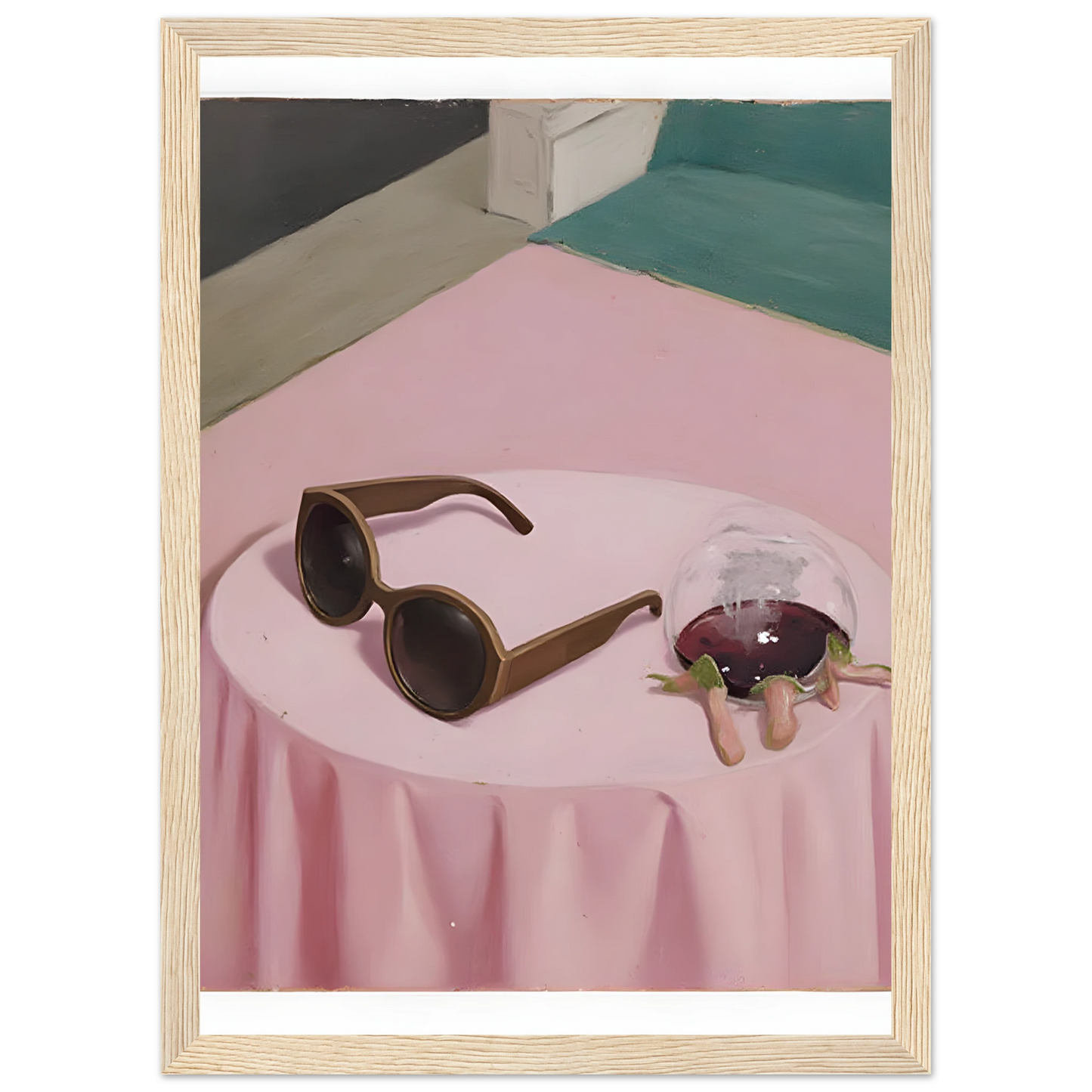 Chic curious nightcap by anya trut modern art print with sunglasses and spilled drink in your choice of frame art print in a Black frame size 21x29.7 cm / 8x12" affordable wall art by Art Aunty NZ