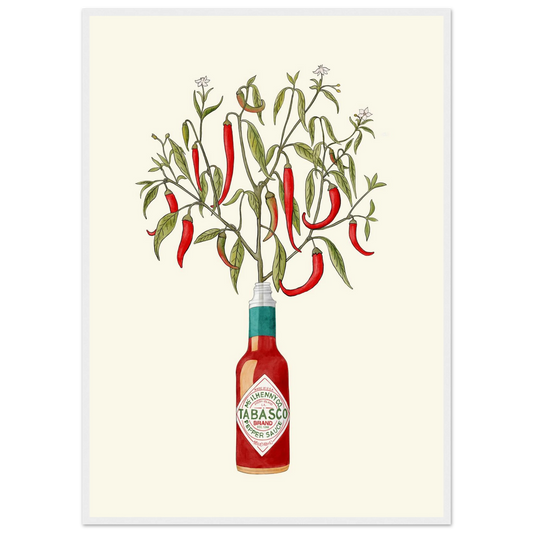 Tabasco pepper sauce botanical print vibrant chili art by ioana horvat in your choice of frame size art print in a White frame size 21x29.7 cm / 8x12" affordable wall art by Art Aunty NZ