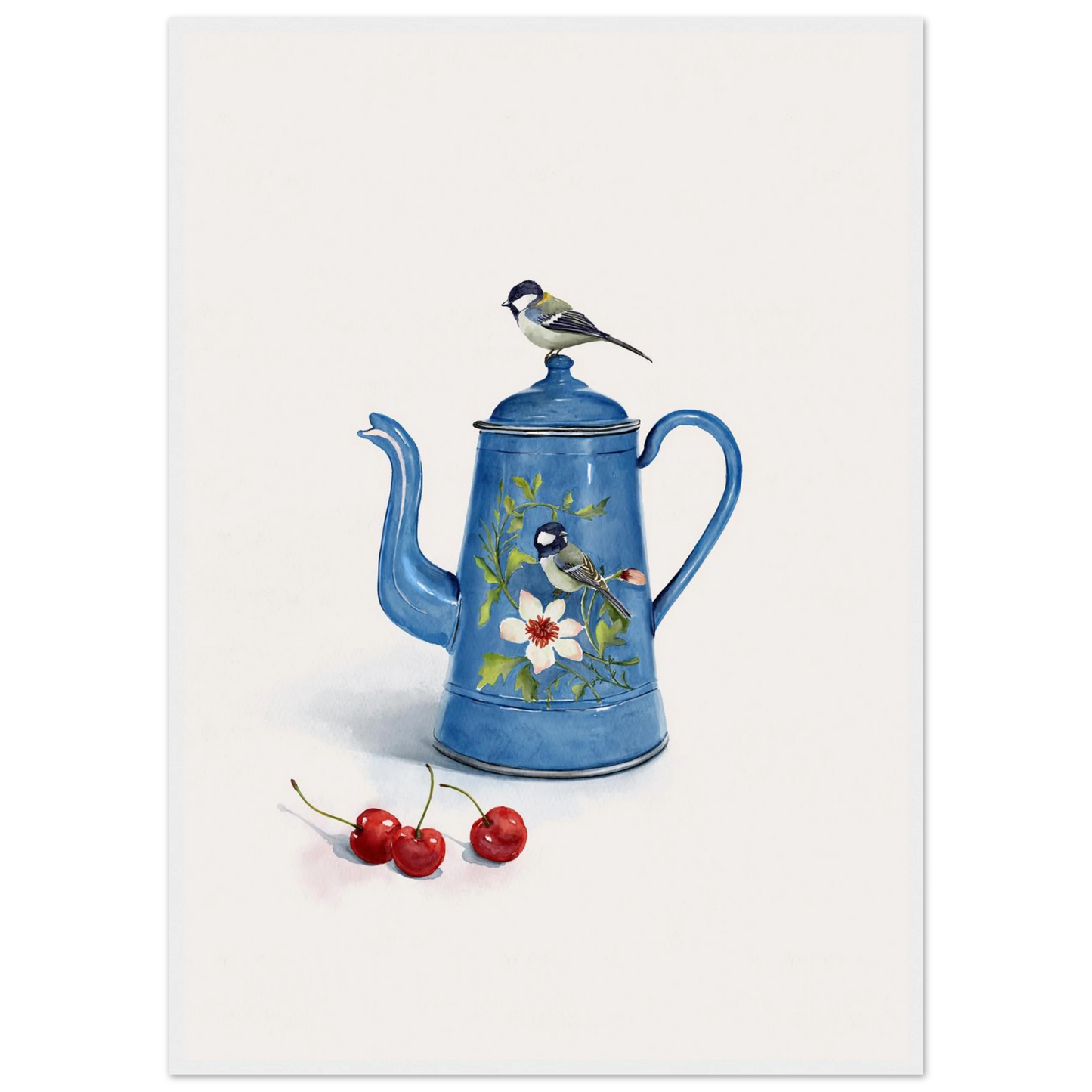 Charming blue bird enamel kettle art print by ioana horvat choose your size frame art print in a White frame size 21x29.7 cm / 8x12" affordable wall art by Art Aunty NZ