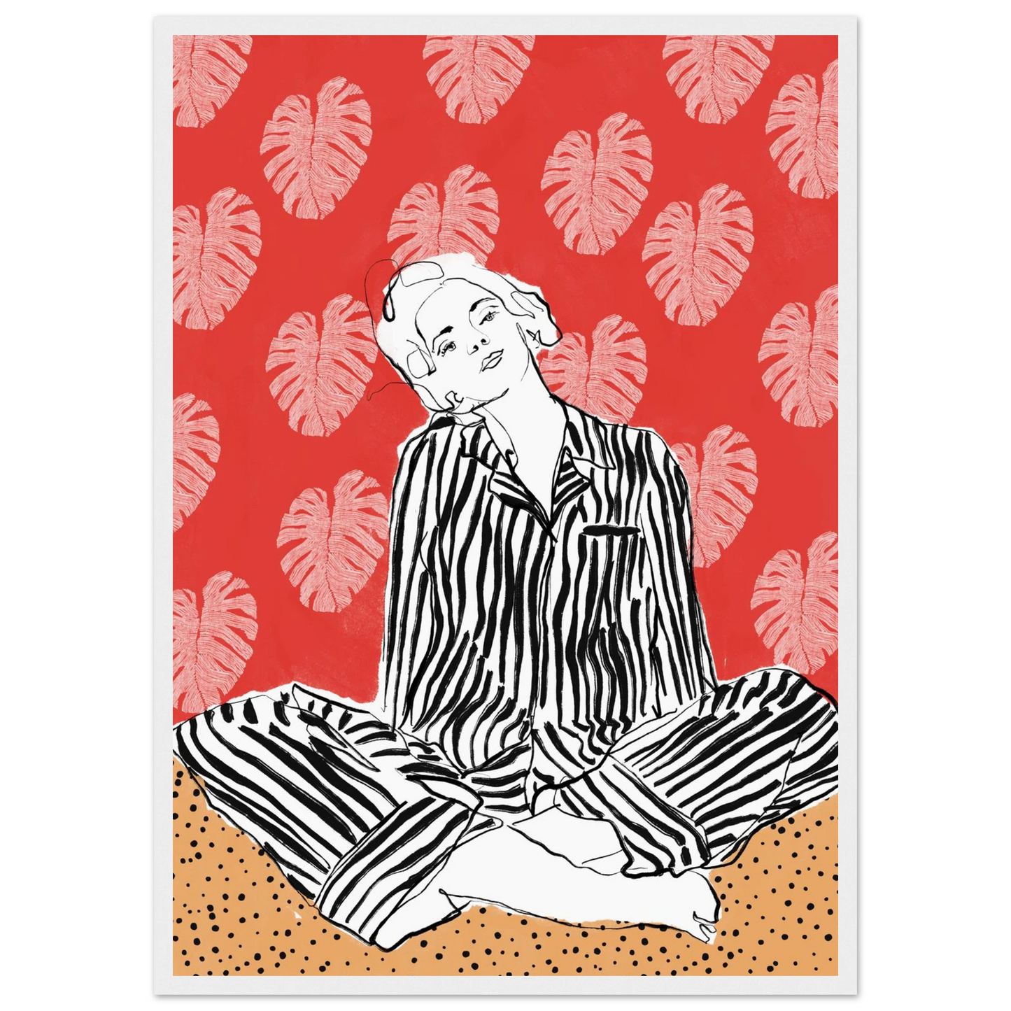 Red boho chic tropical leaf art print elevate your space with vibrant style bohemian flair art print in a Black frame size 21x29.7 cm / 8x12" affordable wall art by Art Aunty NZ