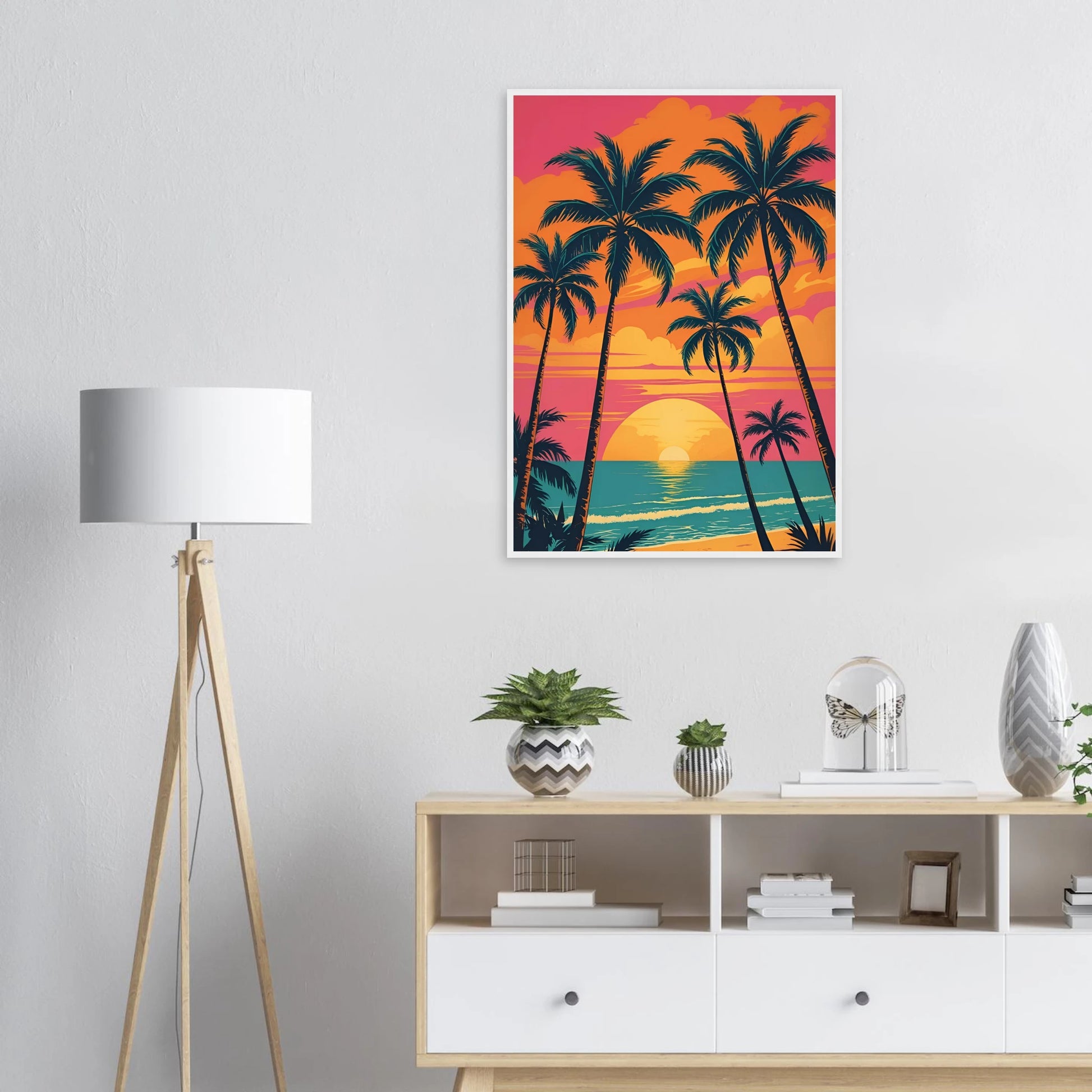 Vibrant sunset beach palm trees art print by anya trut tropical dreamscape wall decor art print in a  size  affordable wall art by Art Aunty NZ