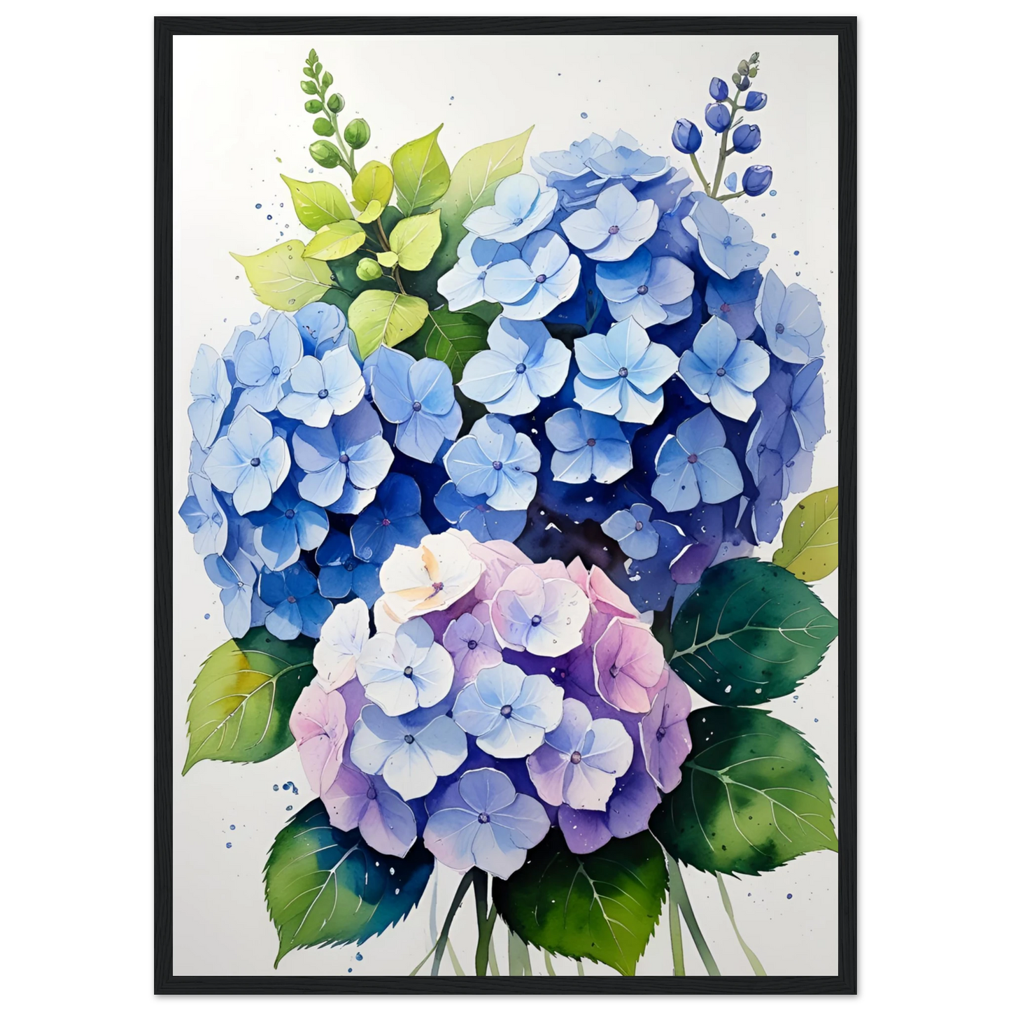 Charming blue and purple hydrangea blooms framed floral watercolor art print by anya trut art print in a Wood frame size 21x29.7 cm / 8x12" affordable wall art by Art Aunty NZ