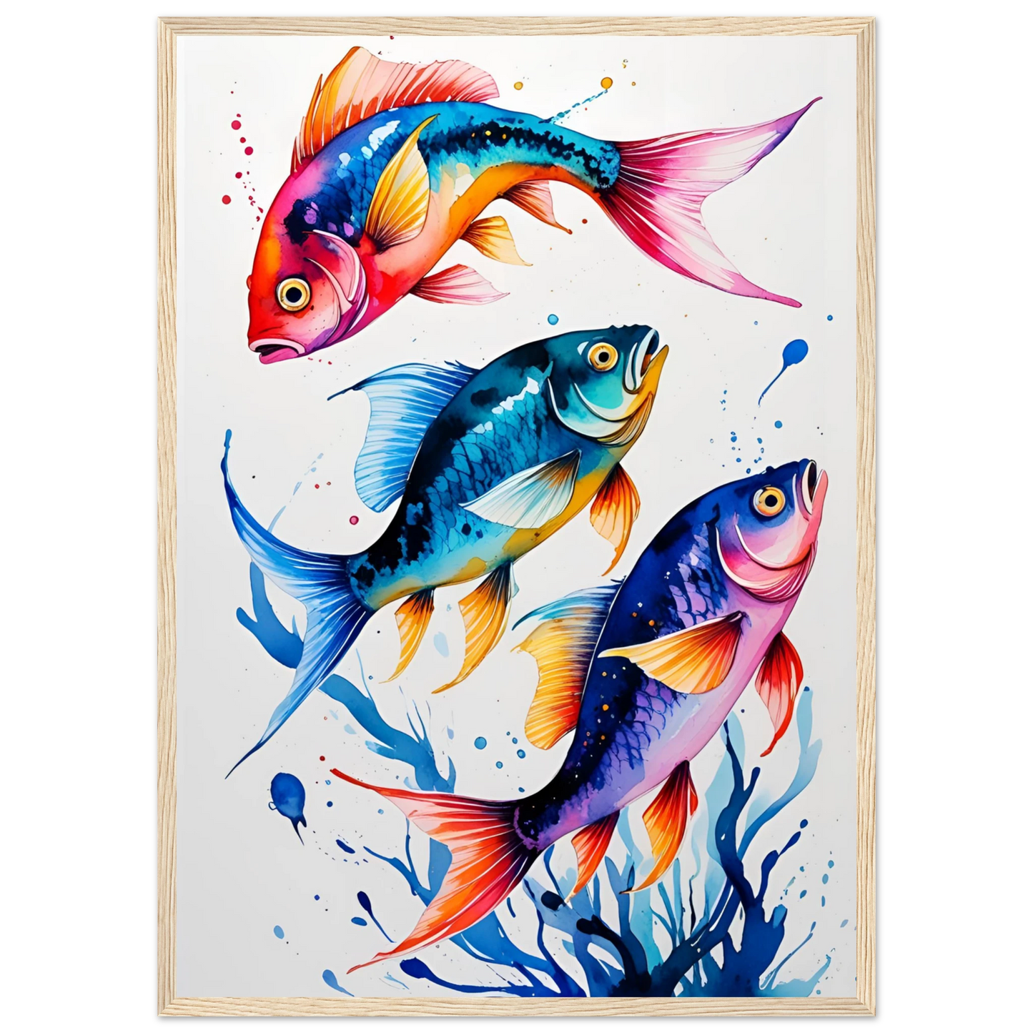 Vibrant ocean trio art print colorful fish watercolor wall decor available in various sizes frames art print in a White frame size A1 (59.4 x 84.1  cm) affordable wall art by Art Aunty NZ