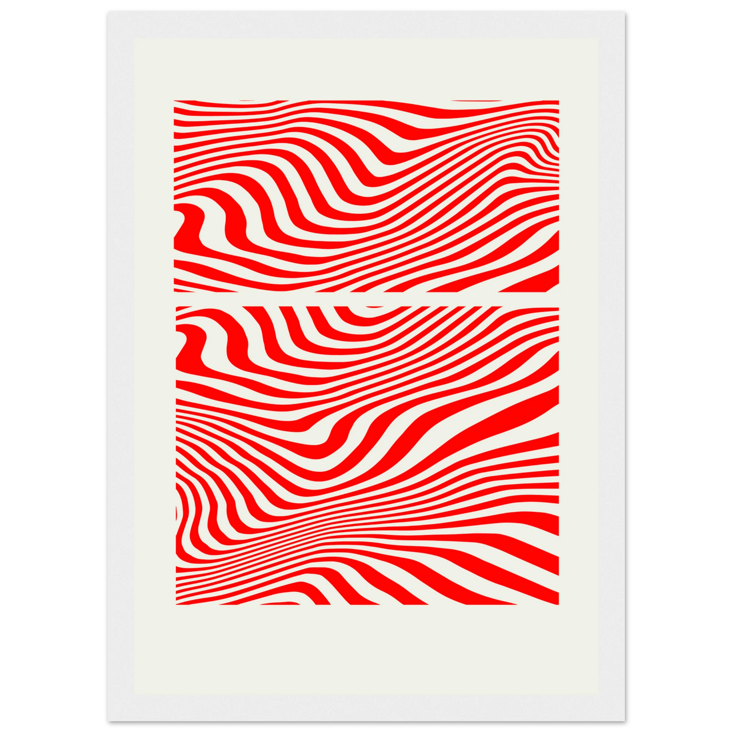 Psychedelic red white waves abstract print hypnotic rhythm framed poster in multiple sizes frame colors art print in a Wood frame size A1 (59.4 x 84.1  cm) affordable wall art by Art Aunty NZ