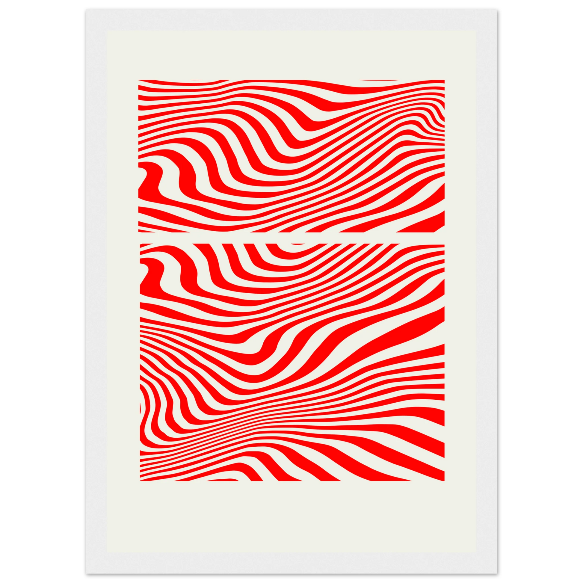 Psychedelic red white waves abstract print hypnotic rhythm framed poster in multiple sizes frame colors art print in a Wood frame size A1 (59.4 x 84.1  cm) affordable wall art by Art Aunty NZ
