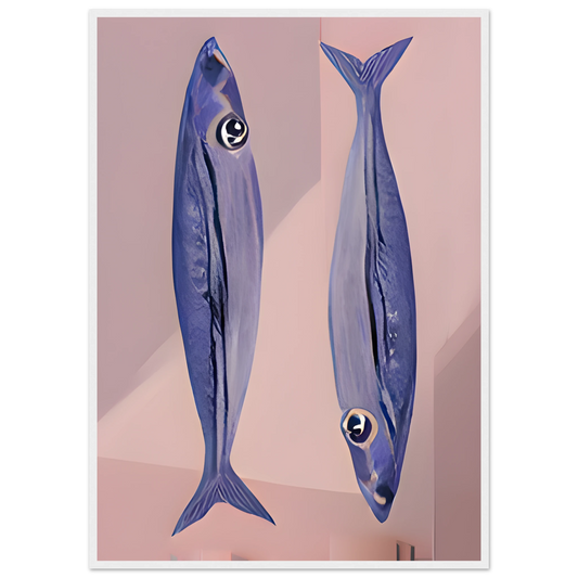 Dual indigo fish dream surreal framed art print by anya trut choose your size frame art print in a White frame size 21x29.7 cm / 8x12" affordable wall art by Art Aunty NZ