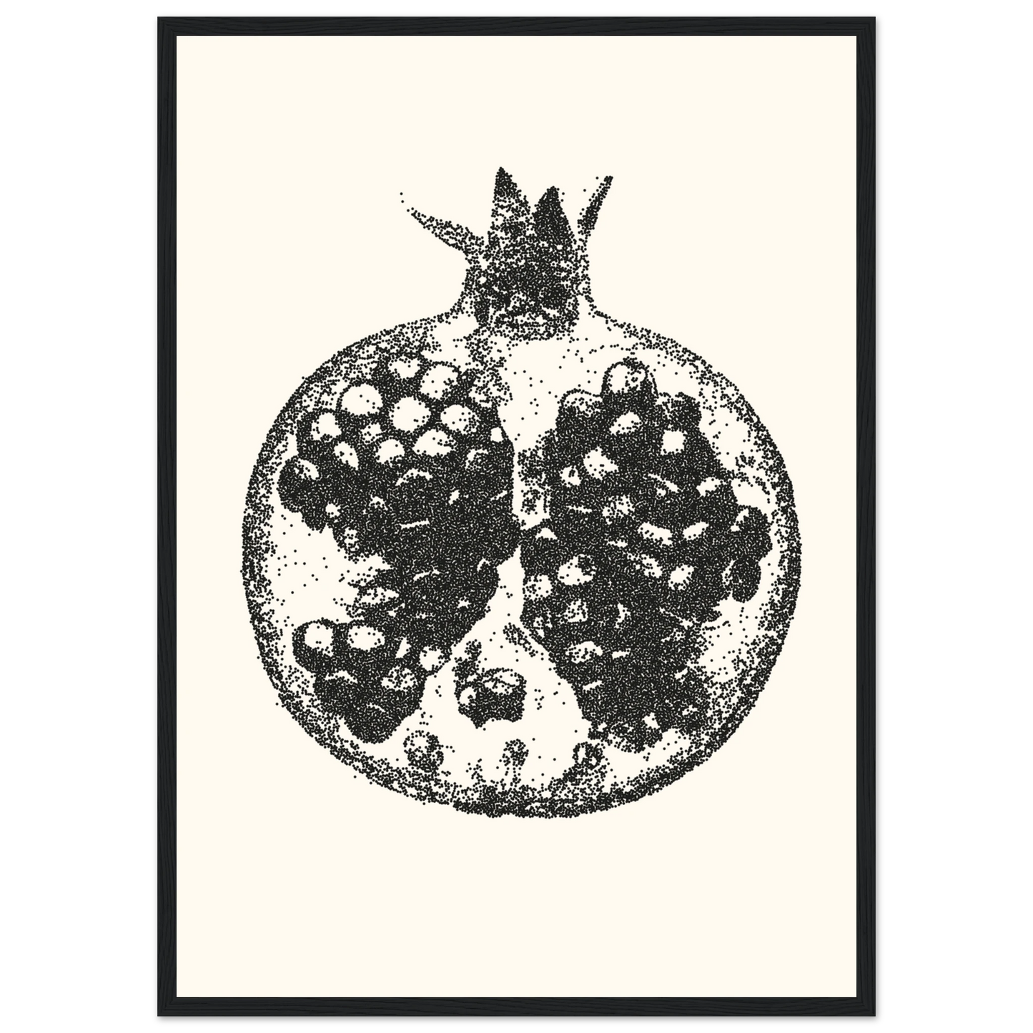 Pomegranate stipple art print by anya trut abstract dotwork fruit wall decor in your choice of frame art print in a Wood frame size 21x29.7 cm / 8x12" affordable wall art by Art Aunty NZ