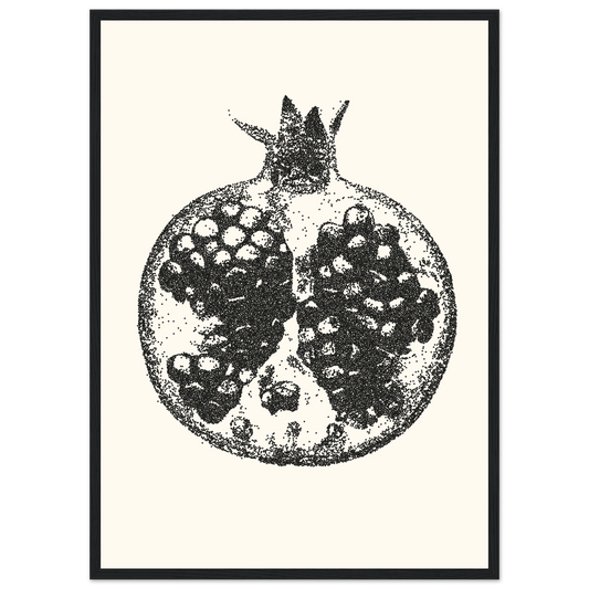 Pomegranate stipple art print by anya trut abstract dotwork fruit wall decor in your choice of frame art print in a Wood frame size 21x29.7 cm / 8x12" affordable wall art by Art Aunty NZ