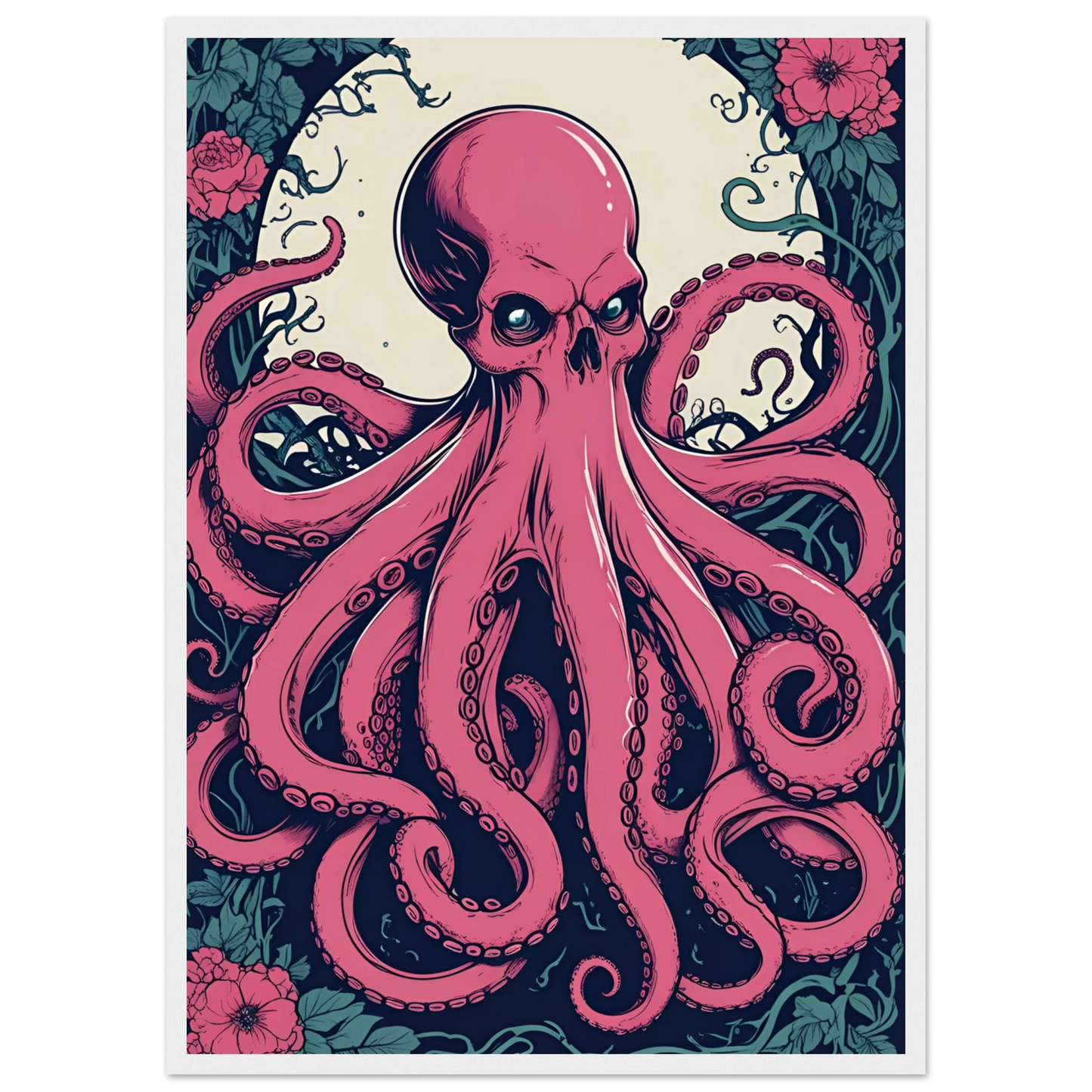 Skulltopus vibrant pink octopus skull botanical art print choose your size frame art print in a Wood frame size A2 (42 x 59.4  cm) affordable wall art by Art Aunty NZ