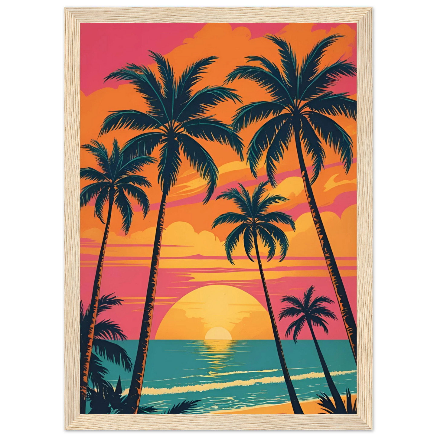 Vibrant sunset beach palm trees art print by anya trut tropical dreamscape wall decor art print in a Black frame size 21x29.7 cm / 8x12" affordable wall art by Art Aunty NZ