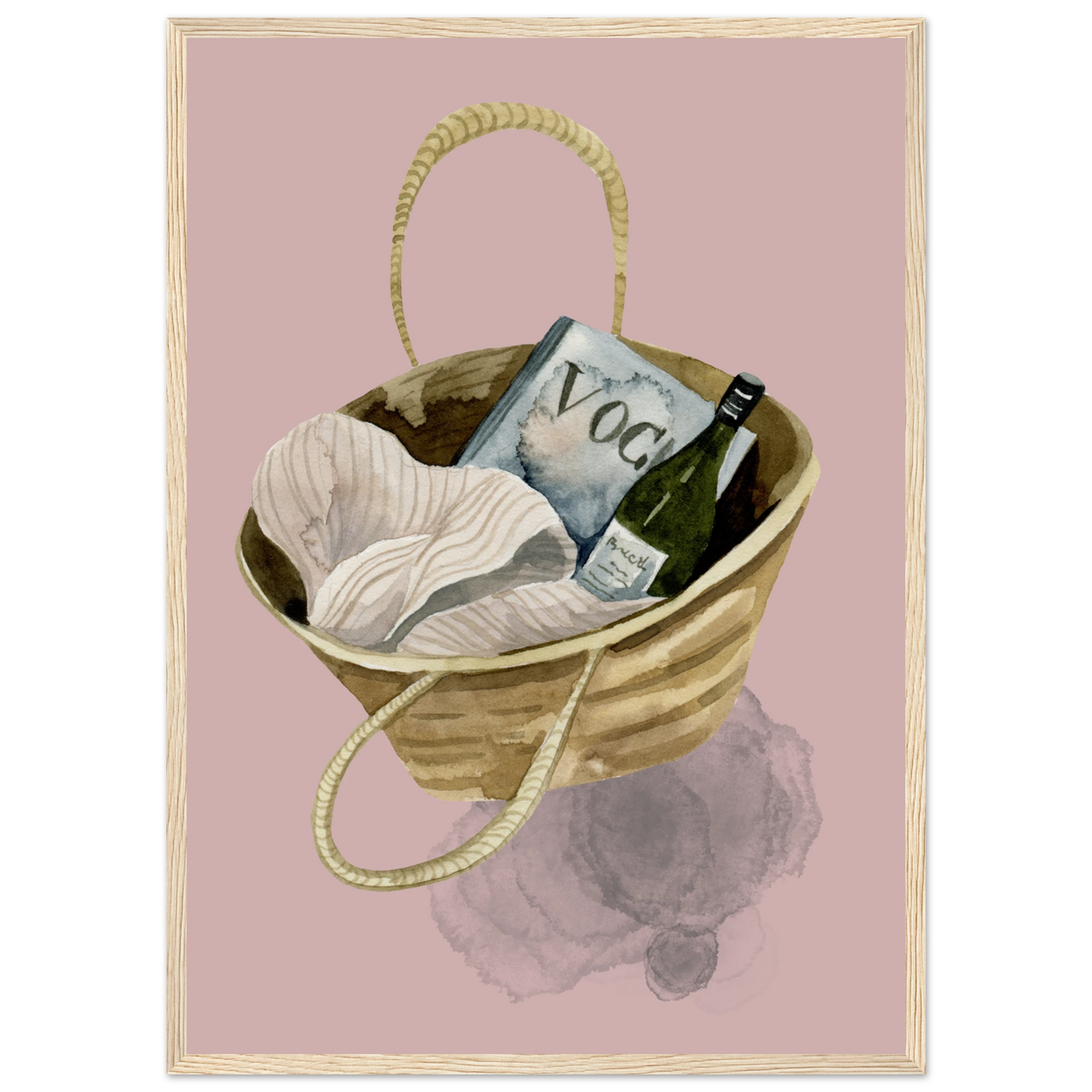 Chic beach bag with vogue wine watercolor art print boho summer aesthetic wall decor by anya trut art print in a White frame size A1 (59.4 x 84.1  cm) affordable wall art by Art Aunty NZ