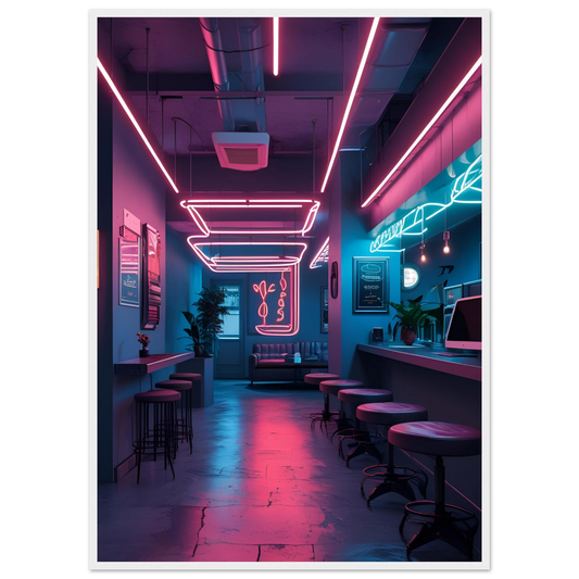 Neon dreams retro cafe art print by anya trut choose your size frame for a cyberpunk vibe art print in a White frame size 21x29.7 cm / 8x12" affordable wall art by Art Aunty NZ