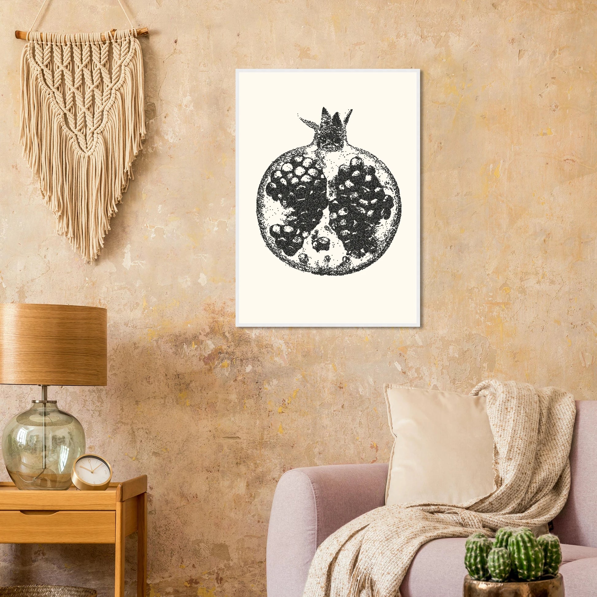 Pomegranate stipple art print by anya trut abstract dotwork fruit wall decor in your choice of frame art print in a  size  affordable wall art by Art Aunty NZ