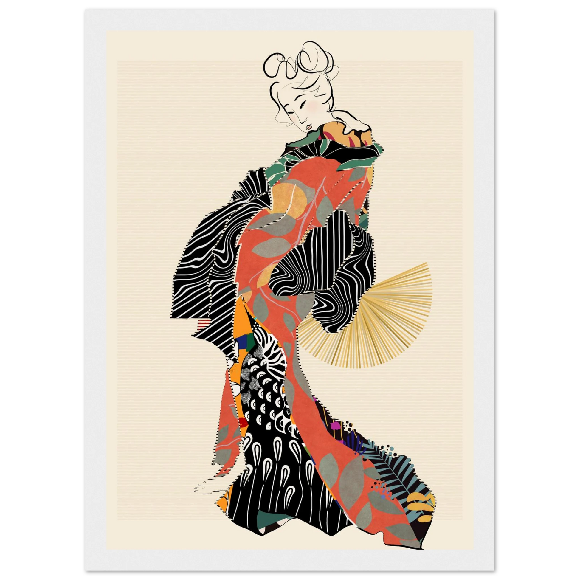 Abstract kimono geisha art print by ioana horvat vibrant patterns elegant style various sizes frames art print in a Wood frame size A1 (59.4 x 84.1  cm) affordable wall art by Art Aunty NZ