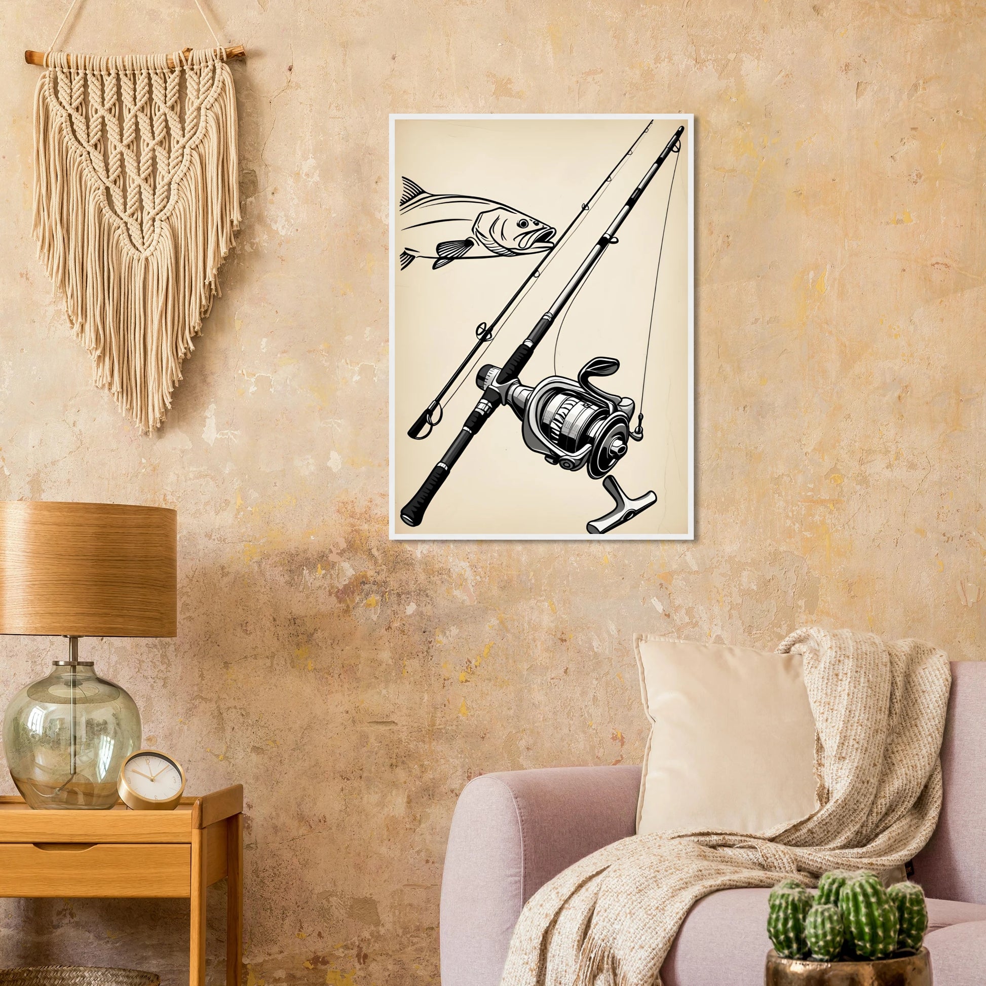 Classic fishing rod reel with bass design art print for anglers outdoors enthusiasts art print in a  size  affordable wall art by Art Aunty NZ
