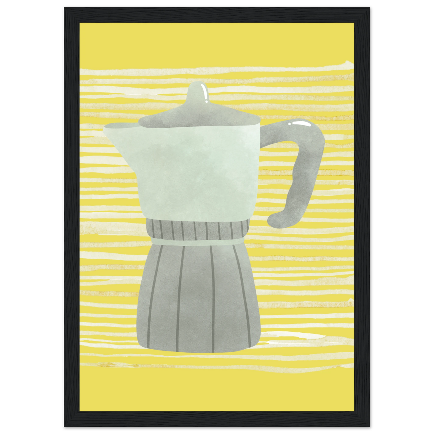 Moka pot morning vibrant yellow grey art print by anya trut available in multiple sizes and frames art print in a White frame size A2 (42 x 59.4  cm) affordable wall art by Art Aunty NZ