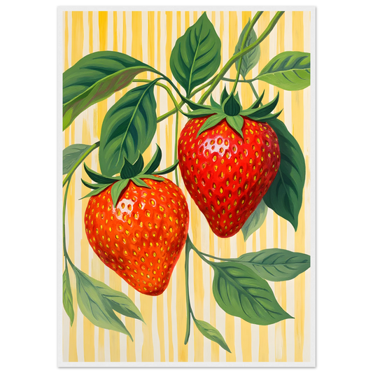 Strawberry bliss vibrant botanical art print by anya trut choose your size frame art print in a White frame size 21x29.7 cm / 8x12" affordable wall art by Art Aunty NZ