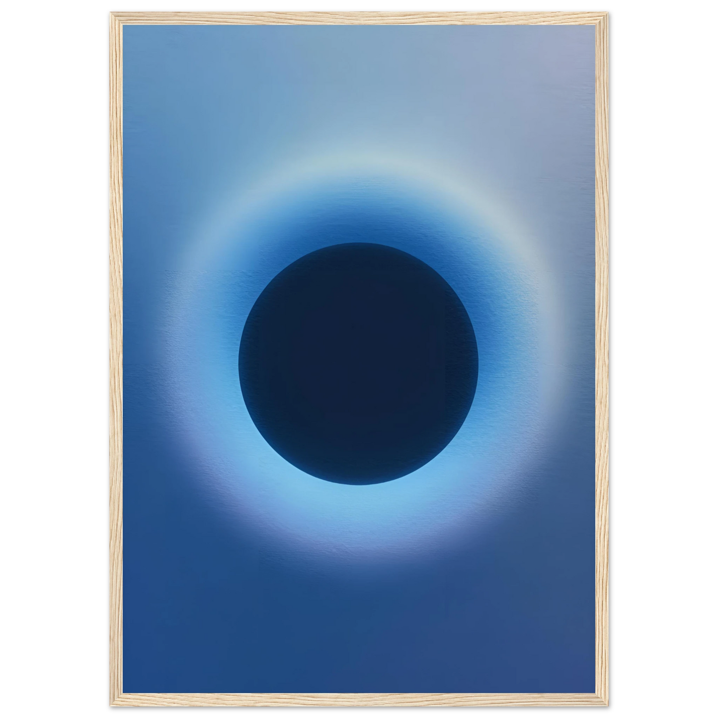 Cosmic aura eclipse art print mesmerizing blue black abstract circle for modern decor available in multiple sizes and frames art print in a White frame size A1 (59.4 x 84.1  cm) affordable wall art by Art Aunty NZ