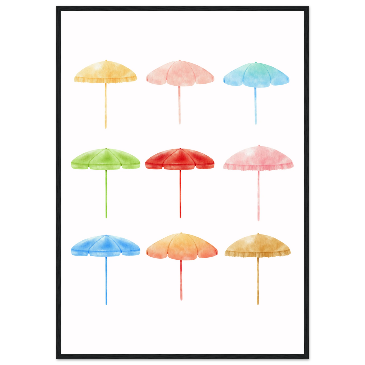 Summer shades playful watercolor beach umbrellas art print by anya trut choose your size frame art print in a Black frame size A2 (42 x 59.4  cm) affordable wall art by Art Aunty NZ