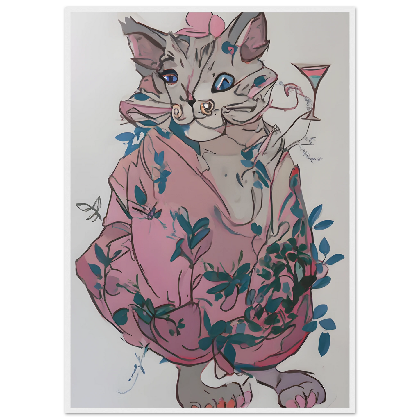 Chic cat with cocktail whimsical pink blue floral art print by anya trut choose your size frame art print in a White frame size 21x29.7 cm / 8x12" affordable wall art by Art Aunty NZ