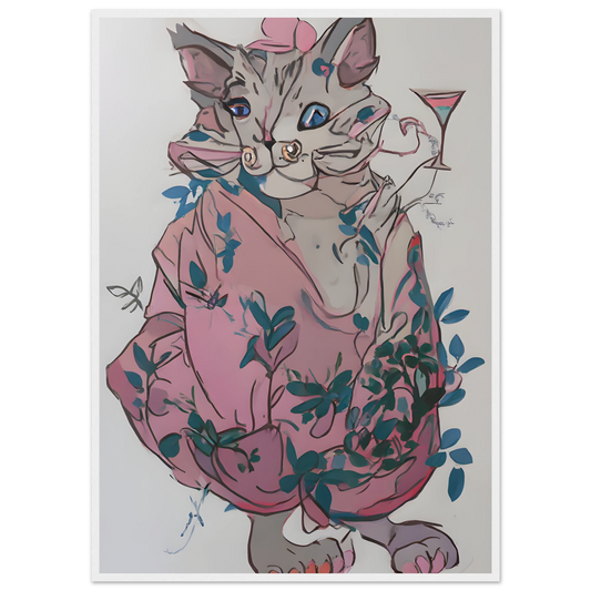 Chic cat with cocktail whimsical pink blue floral art print by anya trut choose your size frame art print in a White frame size 21x29.7 cm / 8x12" affordable wall art by Art Aunty NZ