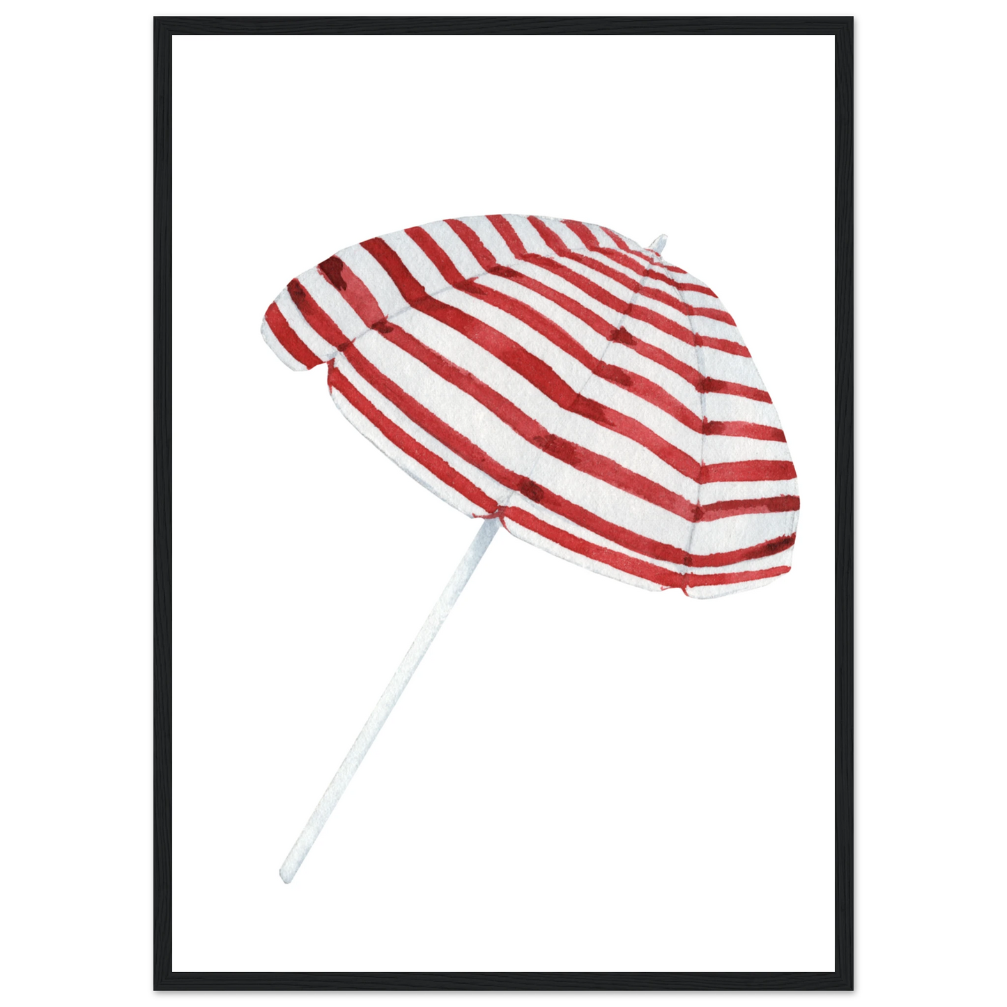 Summer stripes beach umbrella art print by anya trut coastal chic wall decor in multiple sizes frames art print in a Wood frame size 21x29.7 cm / 8x12" affordable wall art by Art Aunty NZ