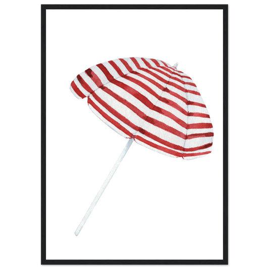 Summer stripes beach umbrella art print by anya trut coastal chic wall decor in multiple sizes frames art print in a Wood frame size 21x29.7 cm / 8x12" affordable wall art by Art Aunty NZ