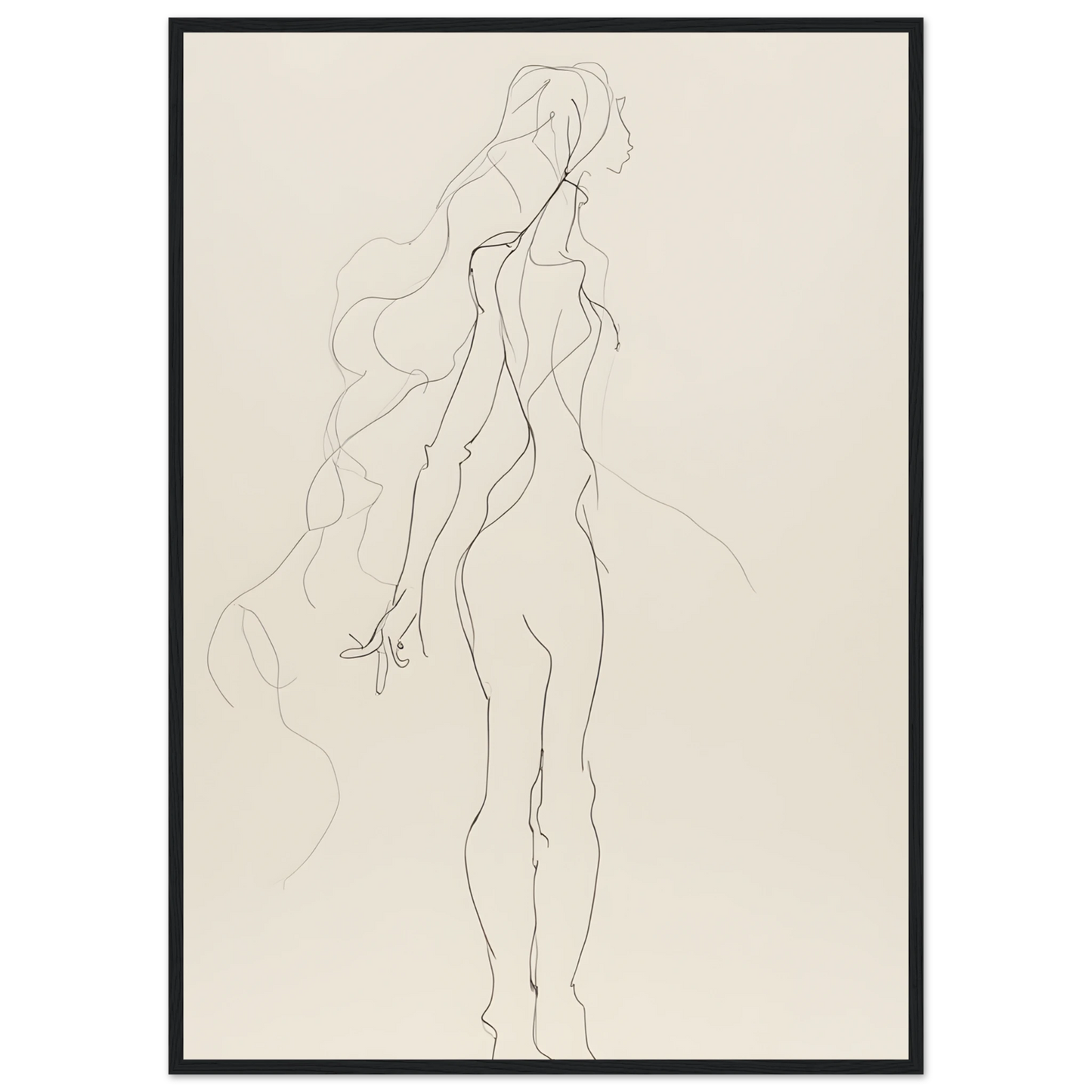 Abstract feminine grace line art print elegant figure by anya trut framed art art print in a Black frame size A2 (42 x 59.4  cm) affordable wall art by Art Aunty NZ