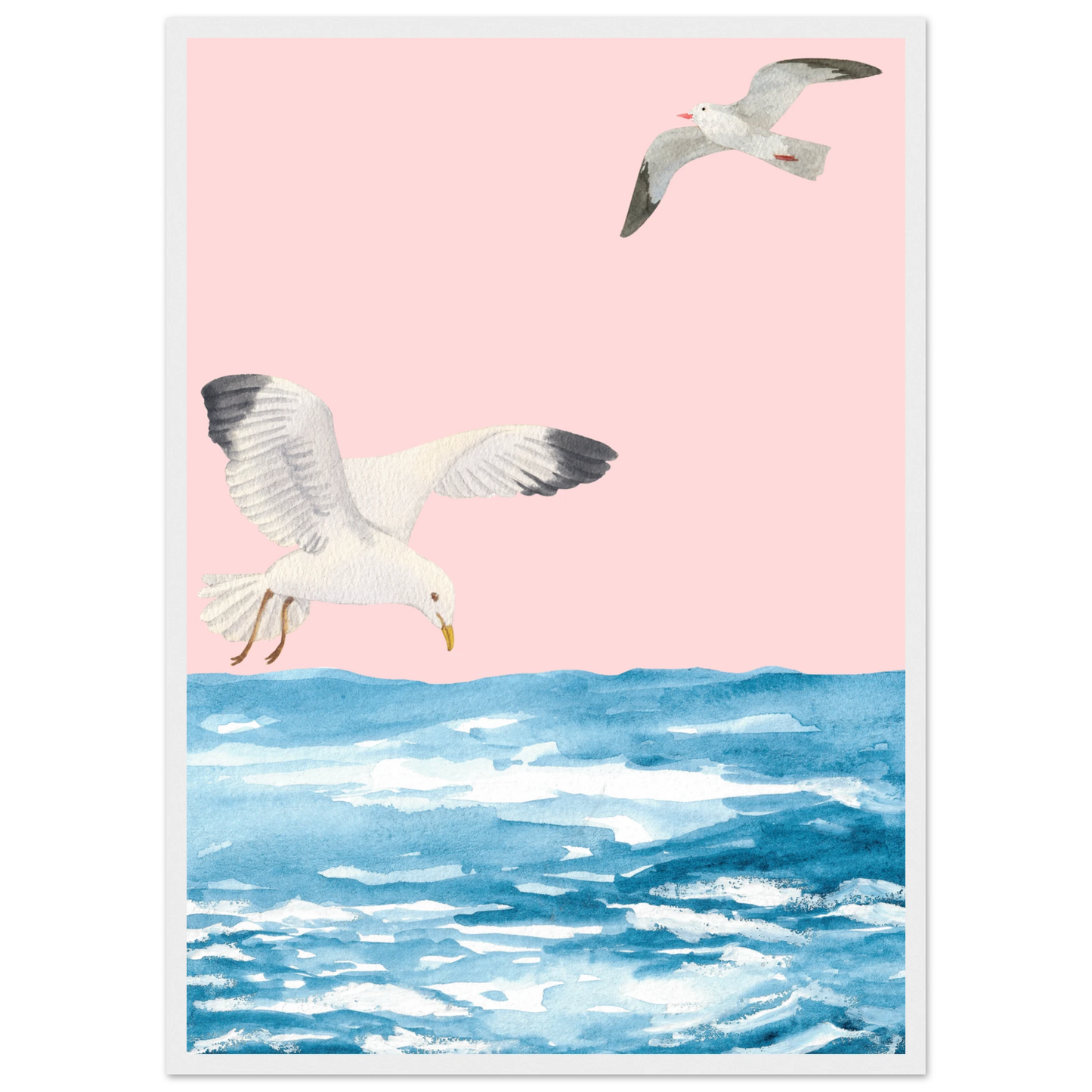 Coastal flight serene seagull watercolour art print by anya trut choose your size frame art print in a Wood frame size A2 (42 x 59.4  cm) affordable wall art by Art Aunty NZ