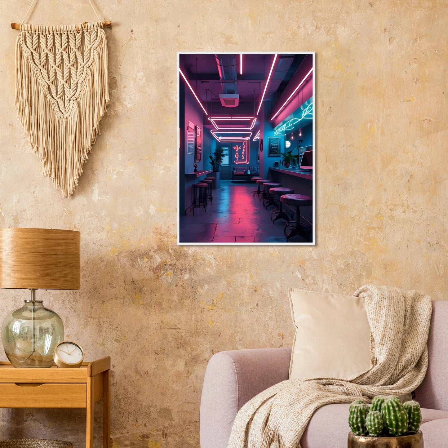 Neon dreams retro cafe art print by anya trut choose your size frame for a cyberpunk vibe art print in a  size  affordable wall art by Art Aunty NZ